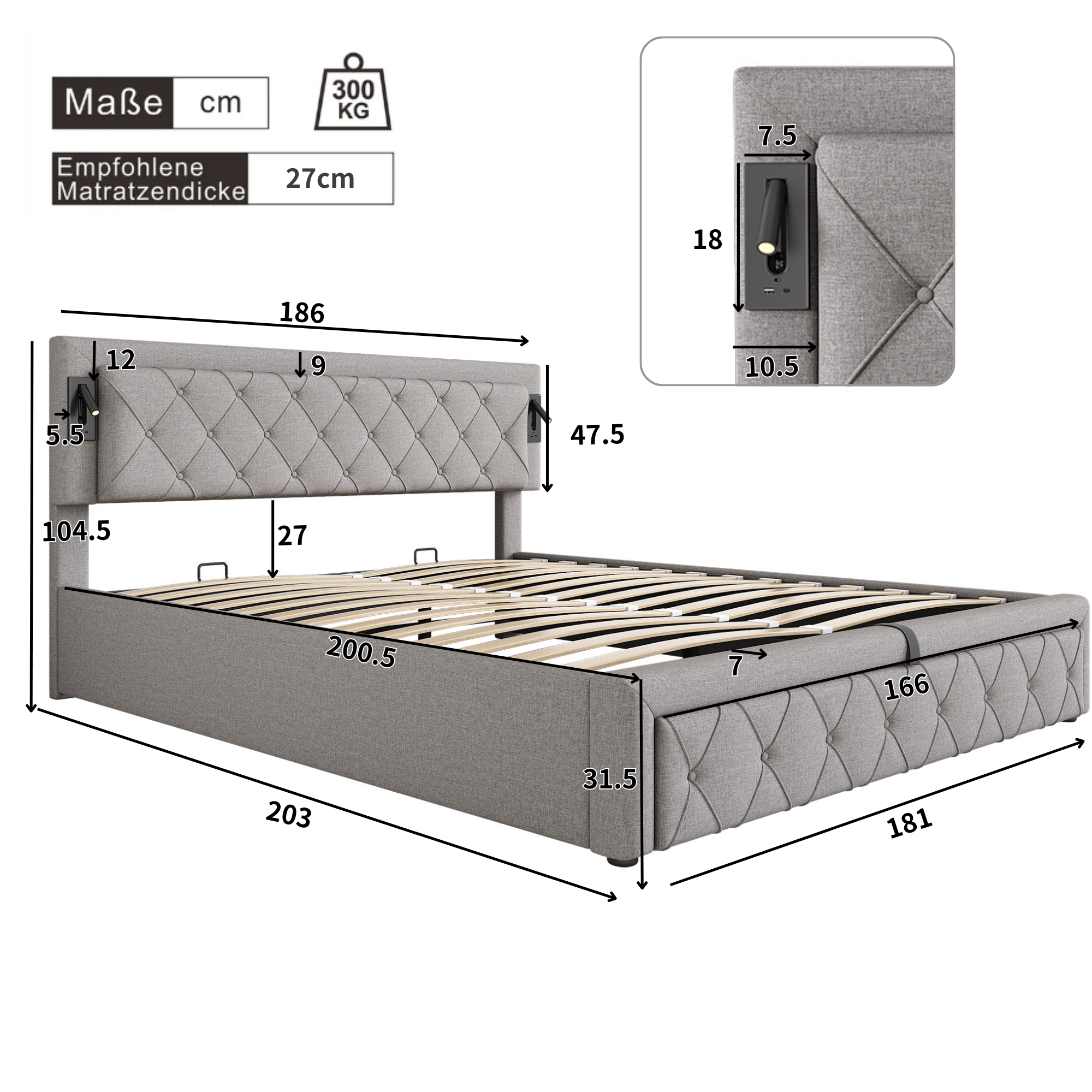 Cama contenedor de tela de lino 180x200 cm - con luz de lectura y toma USB - con somier - Gris - 4