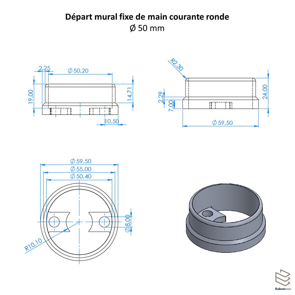 Support départ mural fixe pour main courante ronde Ø50 mm - 2