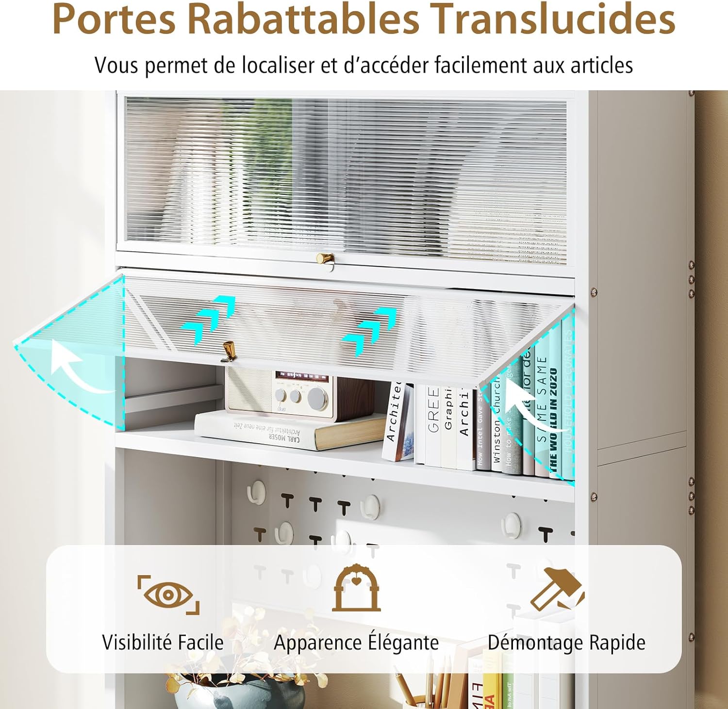 Meuble Cuisine Rangement 6 Niveaux, Etagere Rangement Cuisine en Fer, Portes Battantes, 10 Crochets Support Micro-Ondes (Blanc) - 7