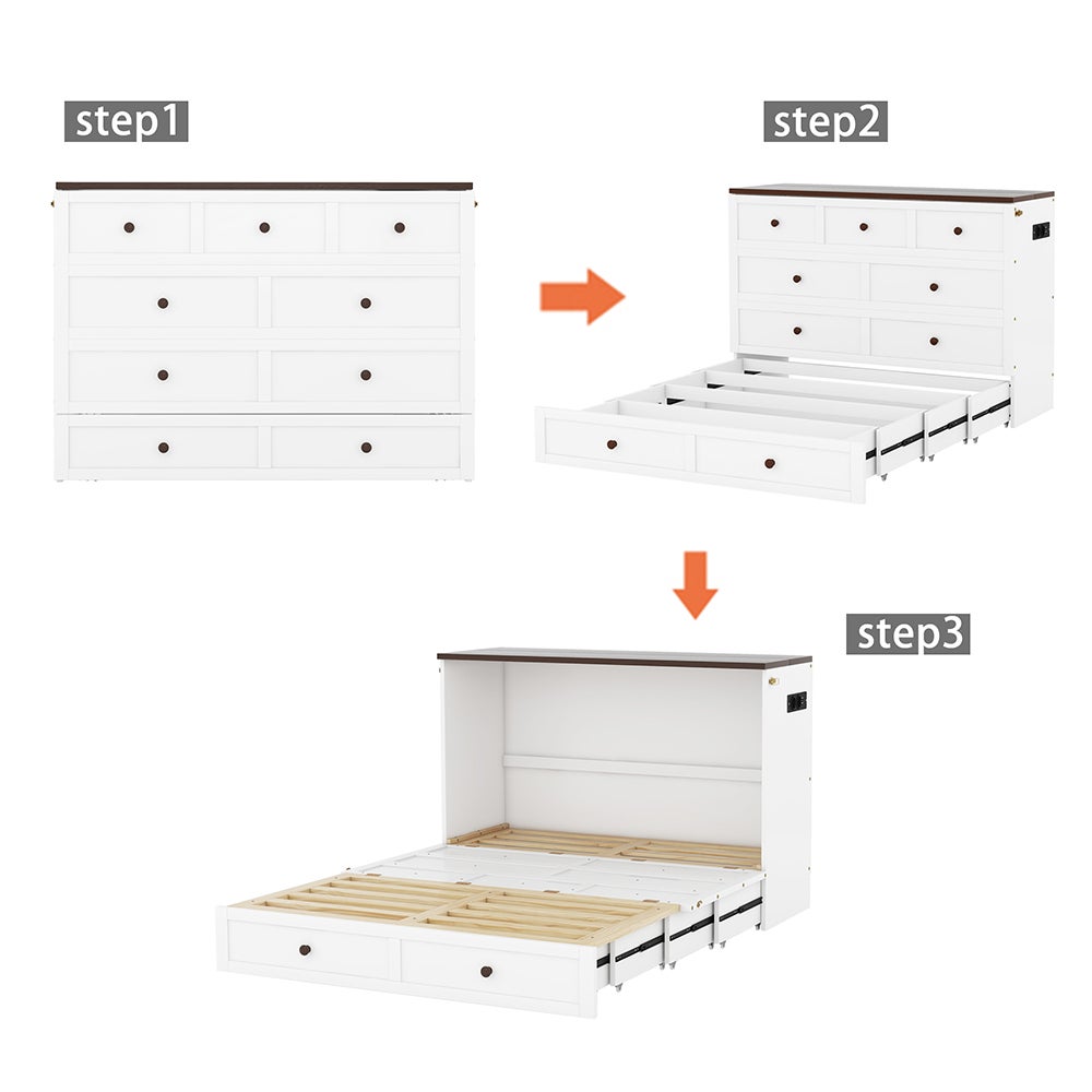 Armoire lit 140 x 200, avec tiroirs au bout du lit et étagères à la tête du lit, avec USB et prises, blanc - 7