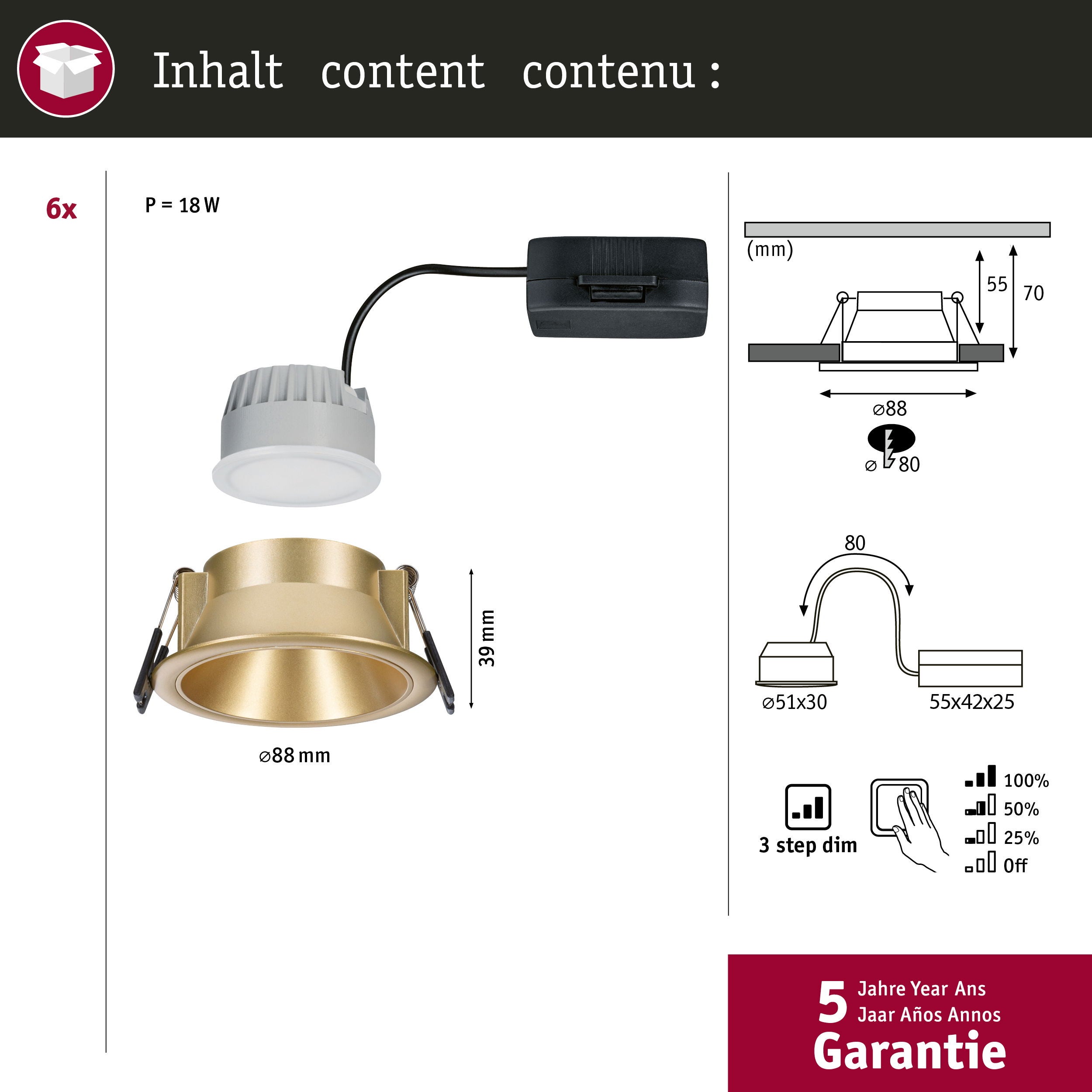 Spot encastré LED 3-Step-Dim Cole Coin Kit de 6 IP44 rond 88 mm Coin 6x6W 6x470lm 230V gradable 2700K Doré mat - 4