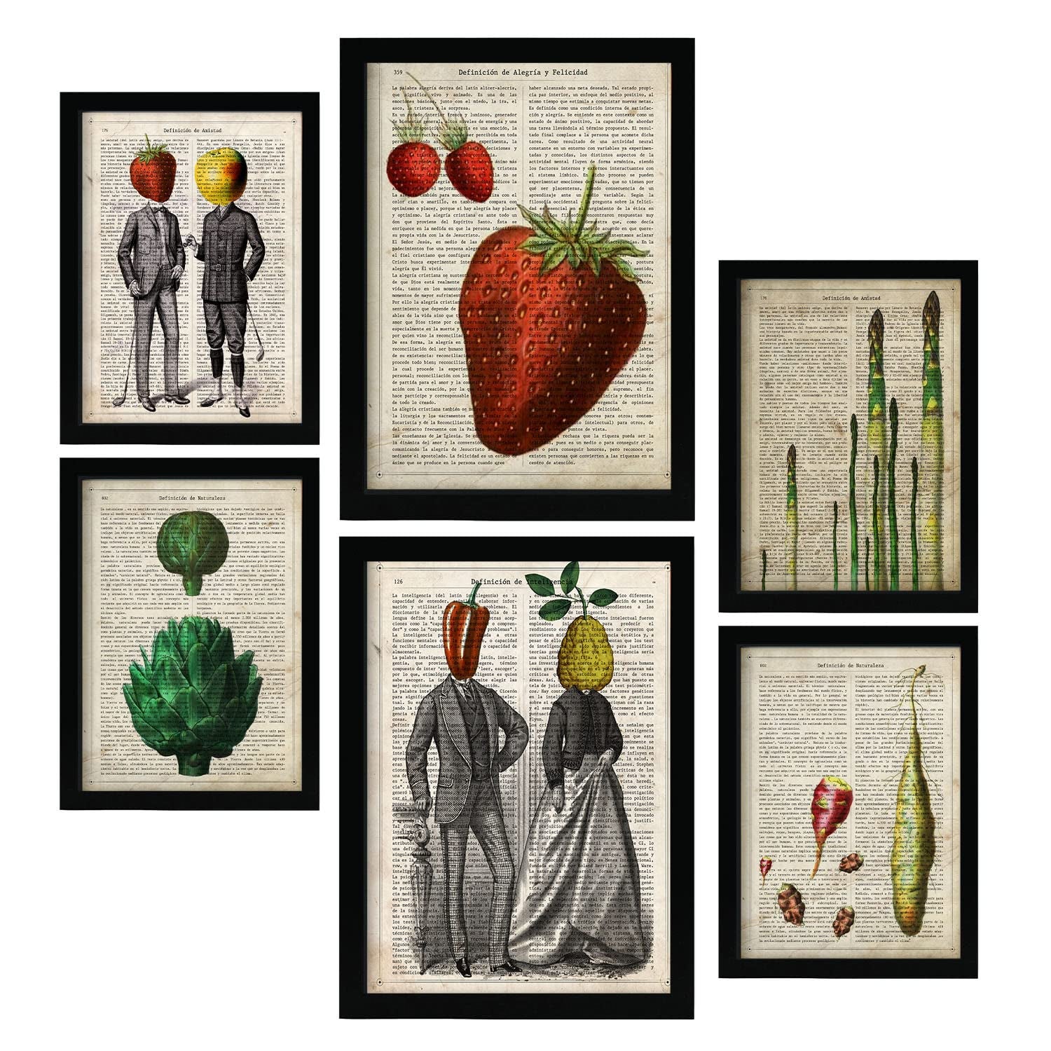 Nacnic posters de cocina ilustraciones estilo enciclopedia vintage con frutas y verduras estilo de vida saludable para la a4 & a3 marco negro