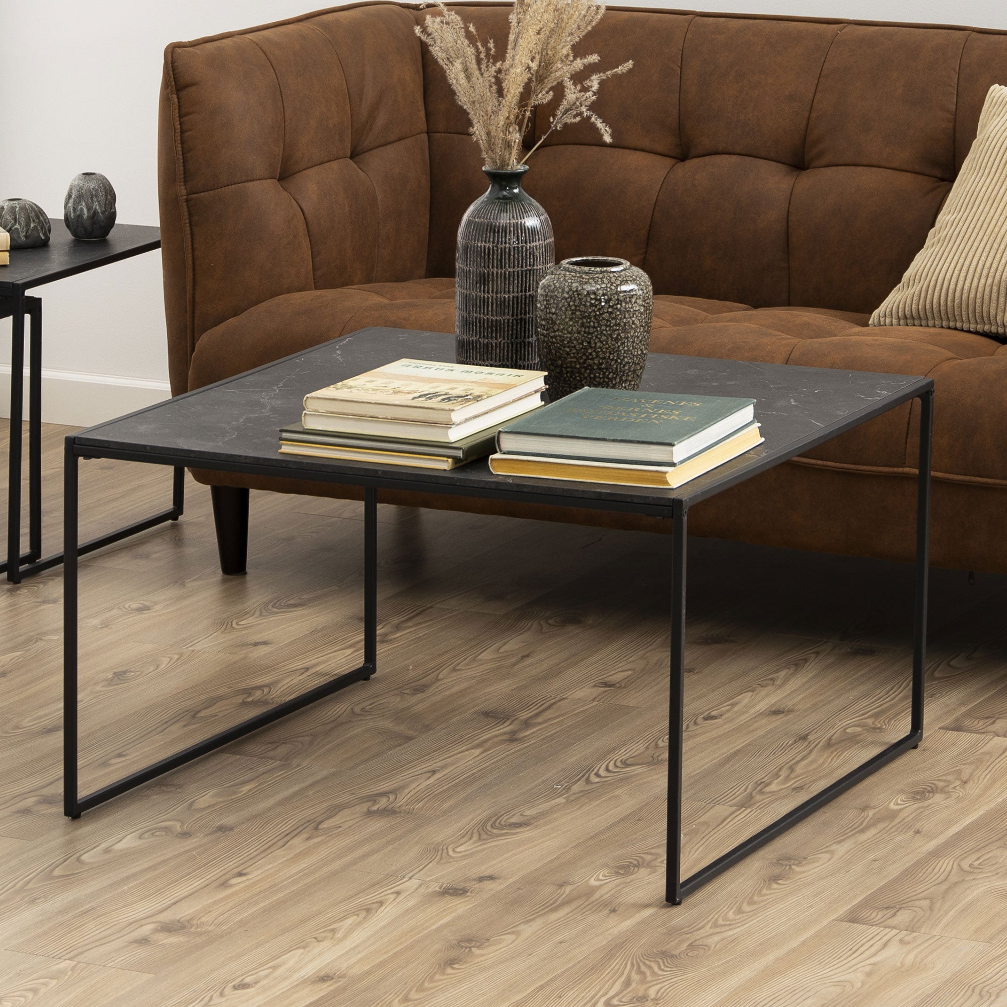 Stolik kawowy Oxford kwadratowy INTESI czarny nowoczesny industrialny 80x80 cm do salonu 1 szt.