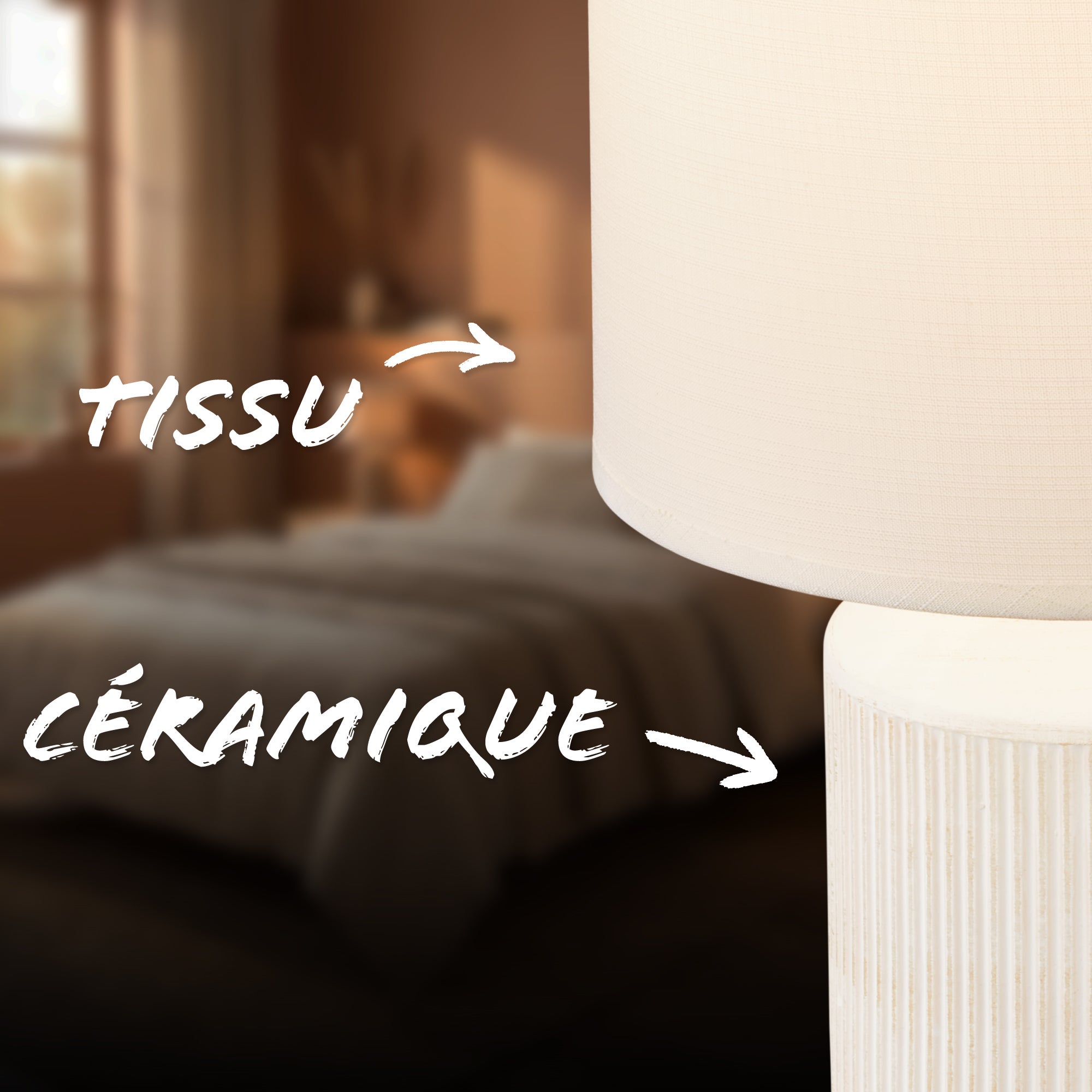 Lampe de table INO en céramique avec abat-jour tissu, blanc, câble interrupteur, IP20, Ø220x375mm, douille E27 max. 10W, sans ampoule - Briloner - 3