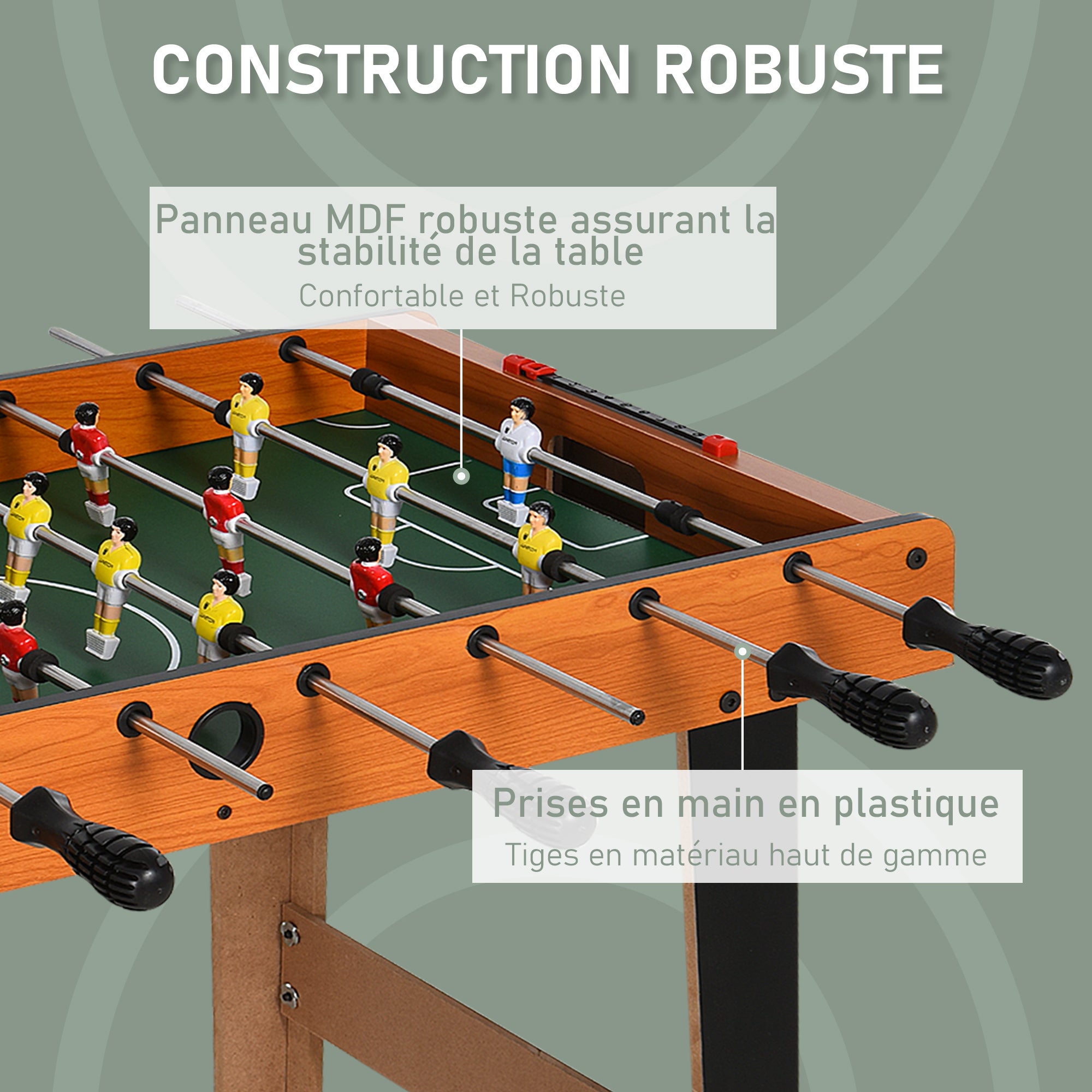 Esta mini mesa de matraquilhos permite até 22 jogadores e inclui 2 bolas e 2 placares. Dimensões: 84,5 cm (C) x 40 cm (L) x 61,2 cm (A). - 7