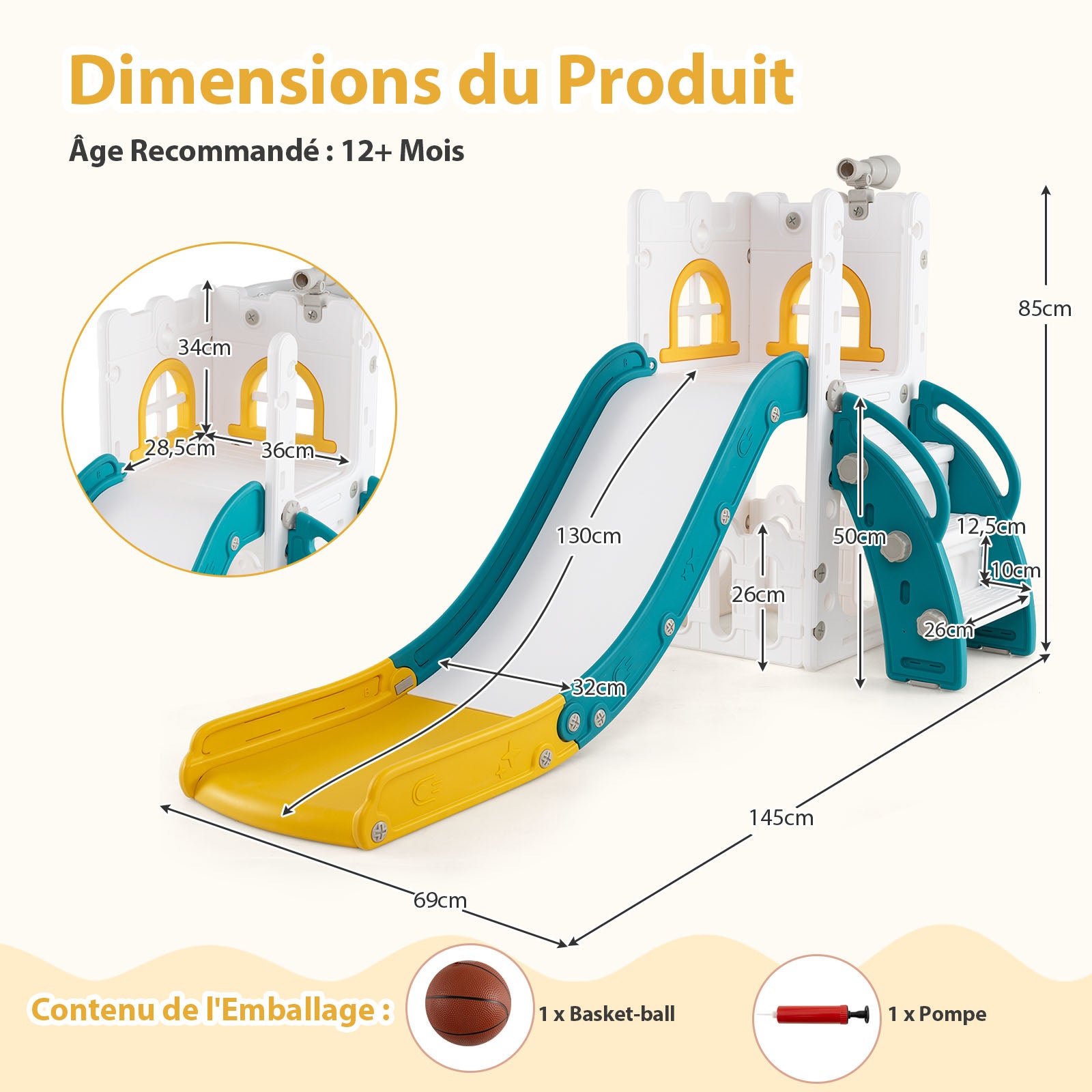 6 en 1 Toboggan Enfant en HDPE avec Panier de Basket & Télescope, Aire de Jeux Intérieure avec Échelle & Espace de Rangement, Jaune+Vert, pour 1 Ans+ - 3