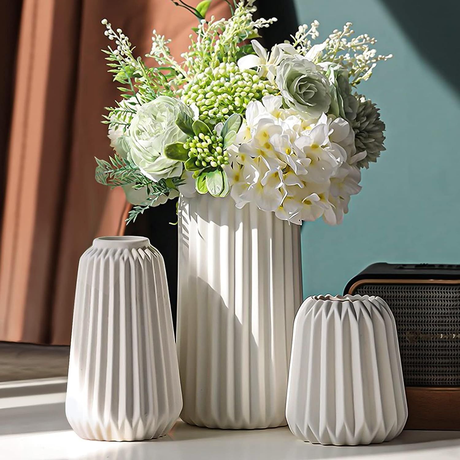 Nattol Set di 3 vasi da fiori in ceramica gialla con sottovaso, moderni vasi rotondi in ceramica per piante grasse con design ispirato a nido d'ape