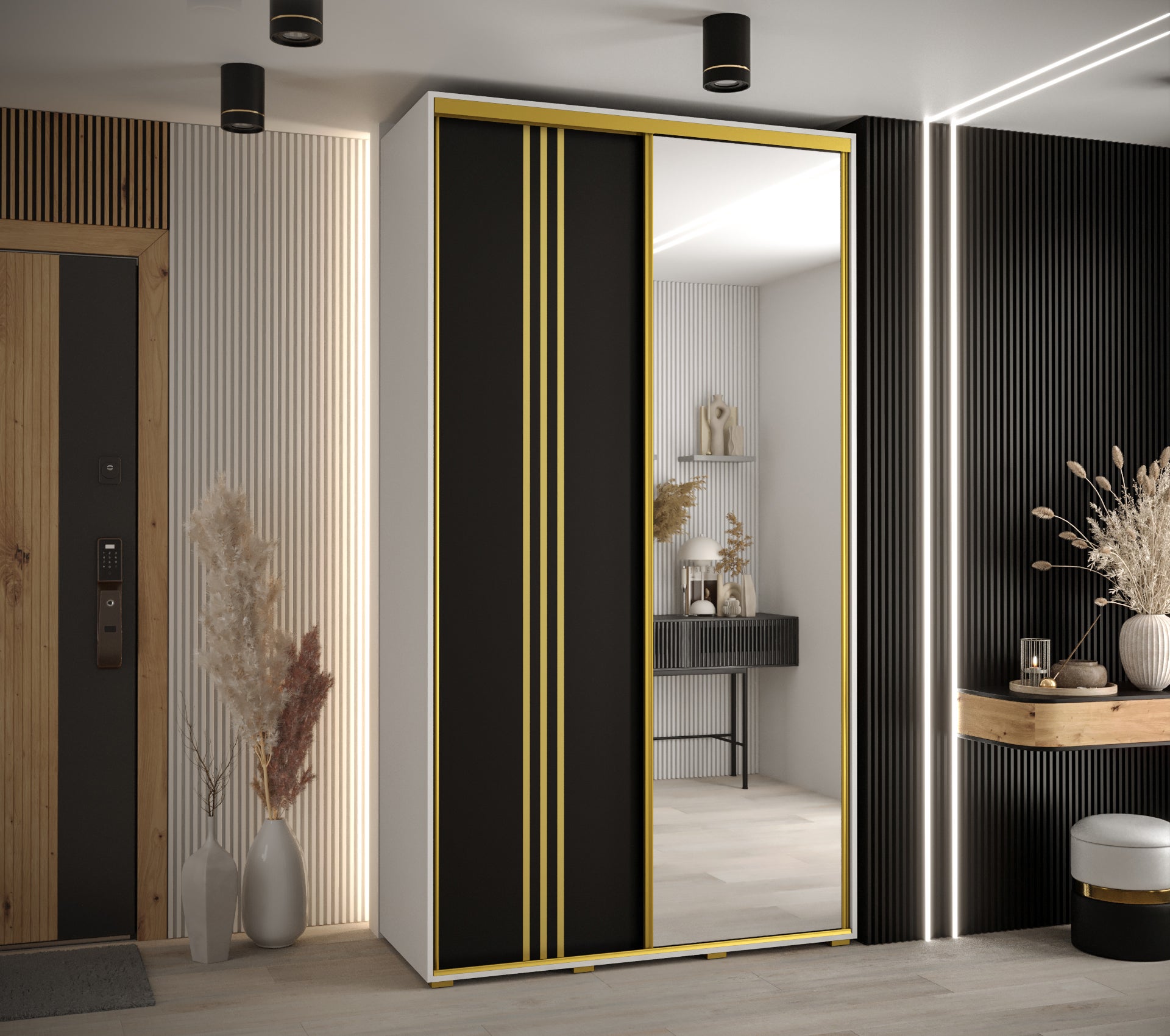 Szafa przesuwna z lustrem wysoka Davos 7 130 x 60 x 235,2 cm biały + czarny + u. złoty - Abiks Meble - 2