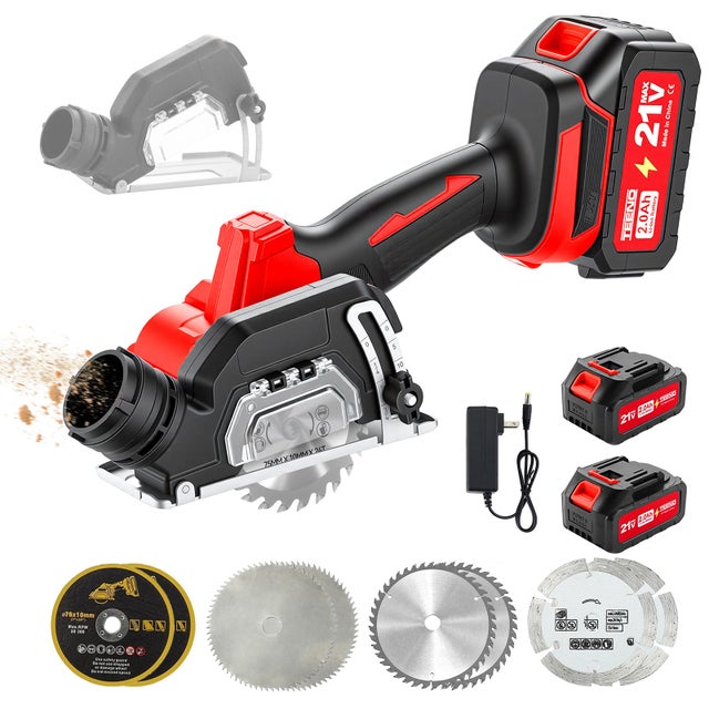 TEENO Scie Circulaire Sans Fil Mini Compacte, 2 Batteries 2.0Ah, 8 Lames, 20000 Tr/Min, Meuleuse À Disque, Capot Anti-Poussière Amovible, Pour Métal,