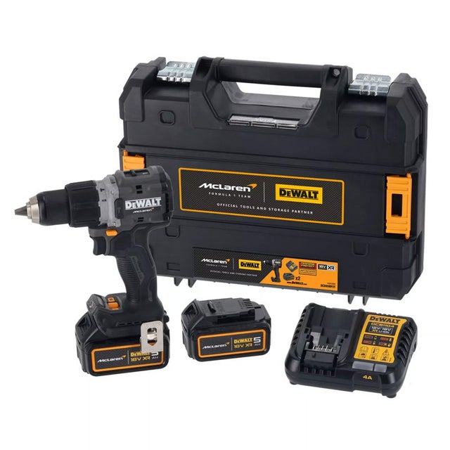 Perceuse Visseuse Percussion XR 18V Brushless Dewalt DCD85MP2T-QW Édition Limitée McLaren Livrée Avec 2 Batteries 5Ah Li-Ion, 1 Chargeur en Coffret TS