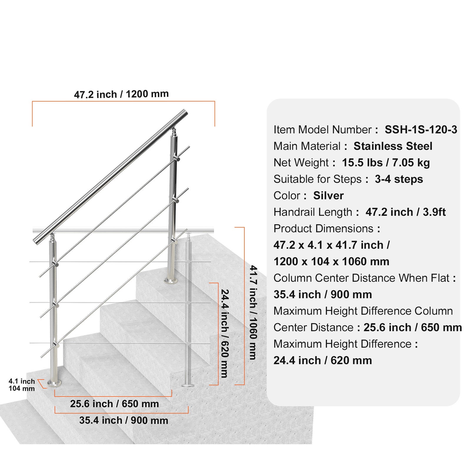 Rampes extérieures SucceBuy 47,2 po,3 barres transversales,design double colonne,rampes inox avec kit d'installation. - 9