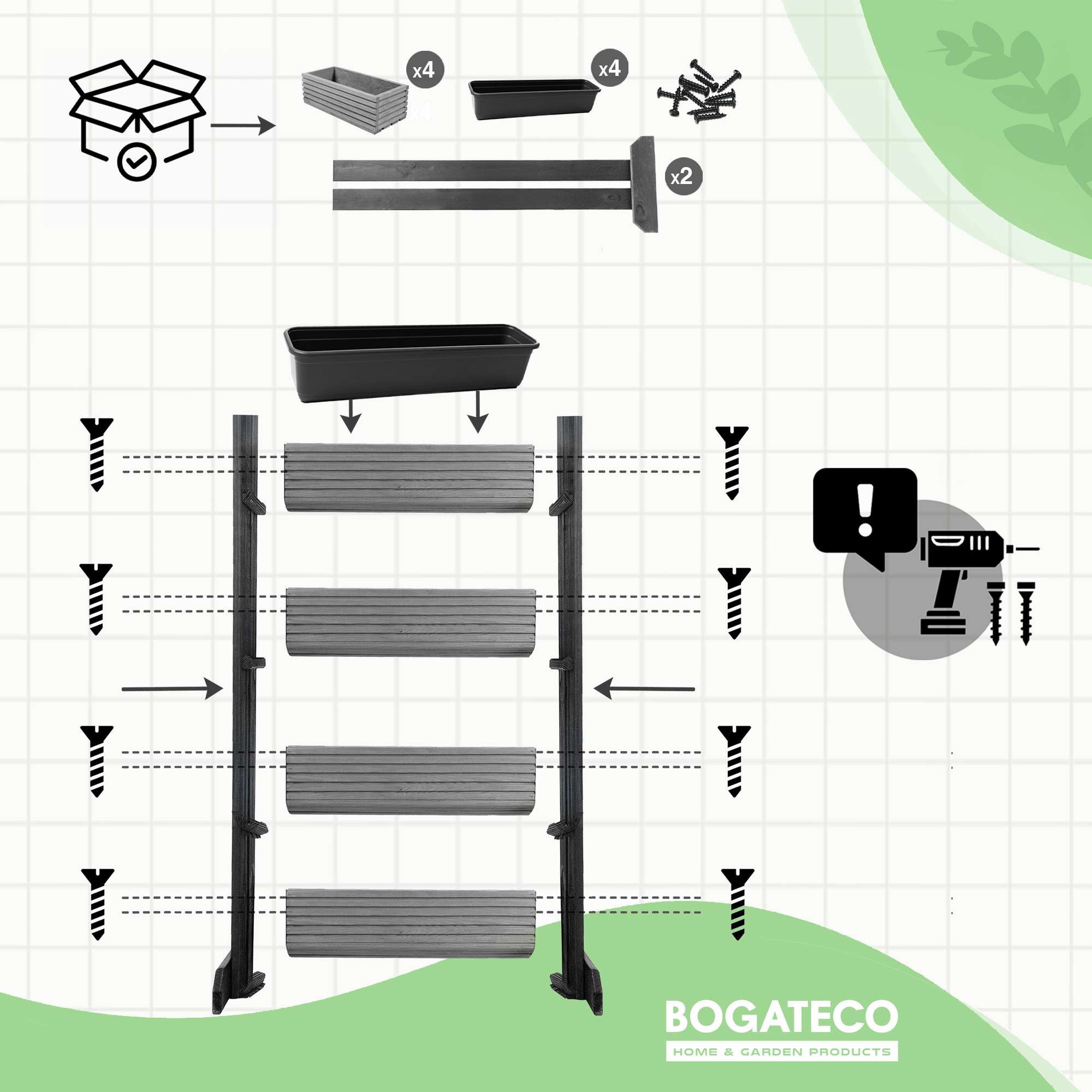 BOGATECO Lot de 4 pots de fleurs sur pied | Lot de 4 jardinières 64x20cm |Pots de fleurs en bois pour tomates et fleurs| Blanc - 6