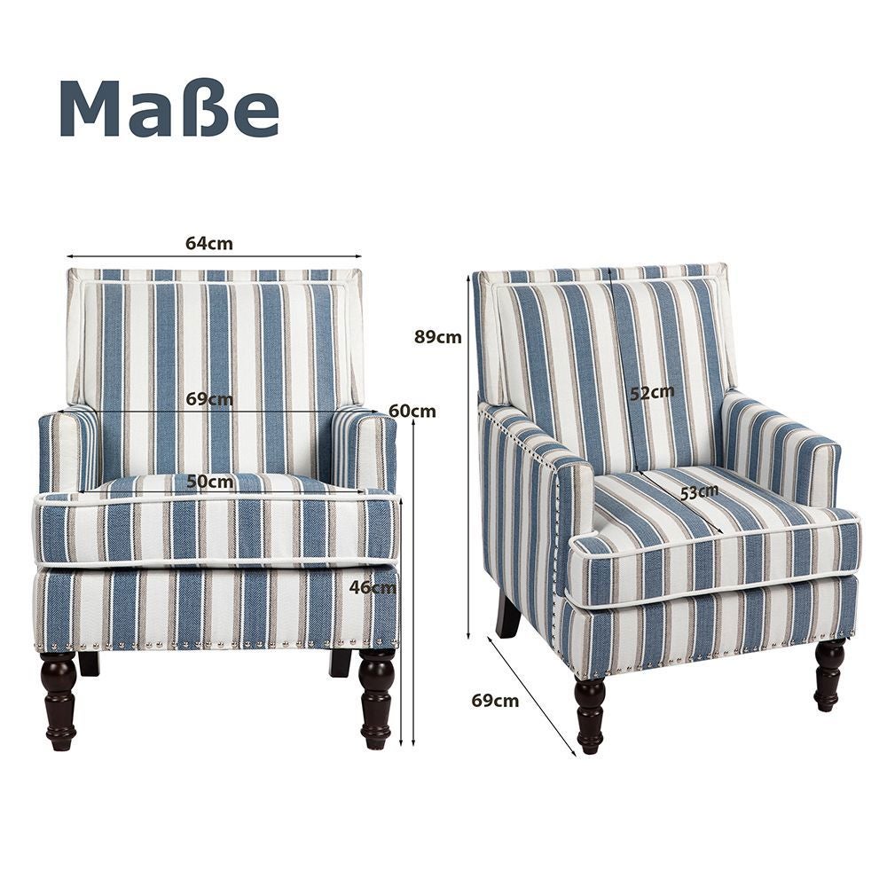 Chaise d'appoint rembourrée vintage tissu lin rayé bleu blanc bordure clous salon - 7
