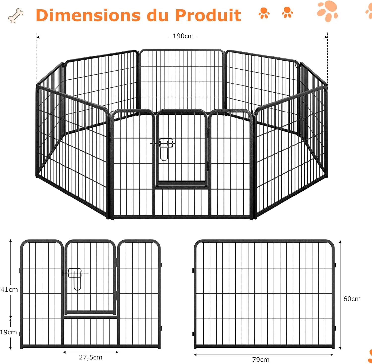 Pista para cães interior/exterior, 8 painéis, pista para cães dobrável portátil com porta, 8 estacas no chão, rotação de 360°, (79 × 60 cm) - 3