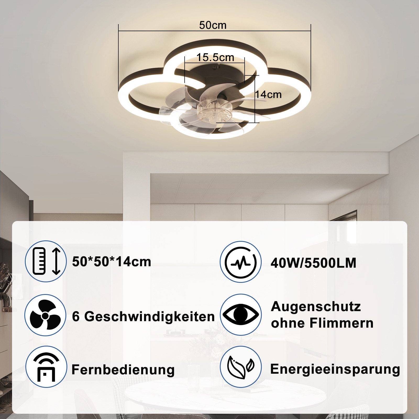 Ventilateur de plafond LED NETTLIFE avec éclairage - 40 W silencieux noir avec télécommande, variateur d'intensité, minuterie à 6 vitesses - 3