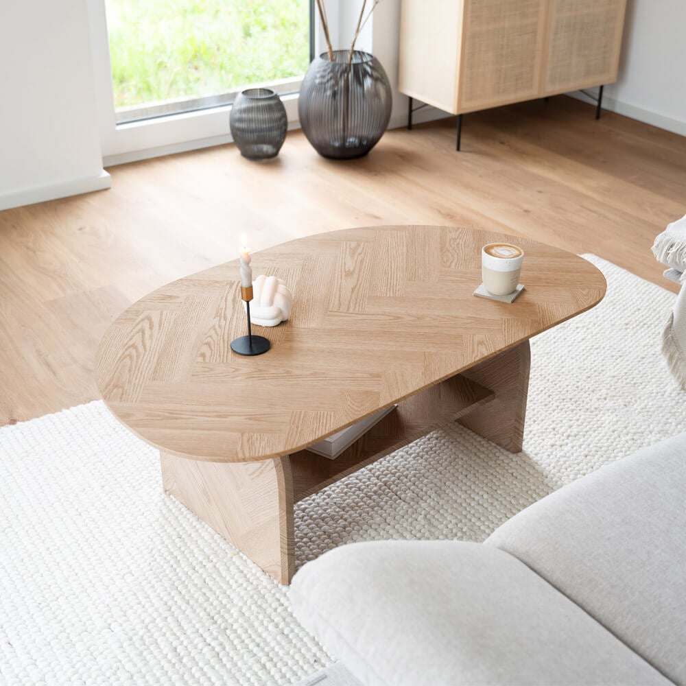 Table Basse Ovale En Bois D’hévéa – 2 Niveaux, étagère De Rangement, Style Rustique, Gris - 3