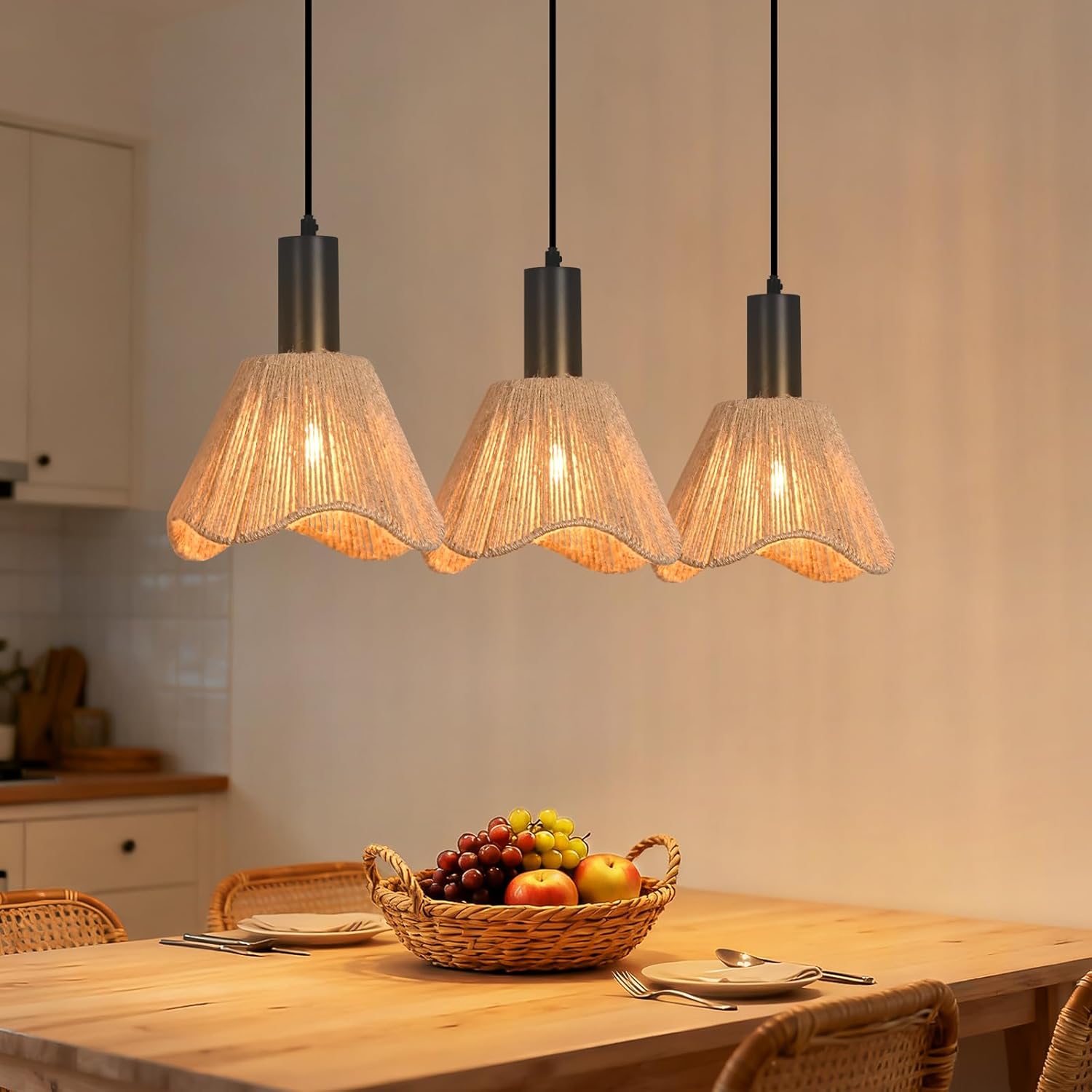 Lampa wisząca Nettlife Boho Rattan z 3 żarówkami – żyrandol z plecionej liny konopnej w stylu vintage, E27 (żarówki nie są dołączone) - 2
