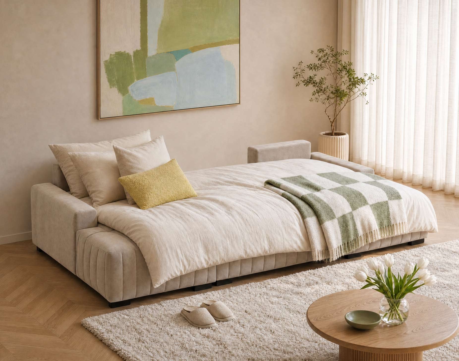 Canapé panoramique 7 places avec coffre en velours Beige - LAZARE - Best Mobilier - 2