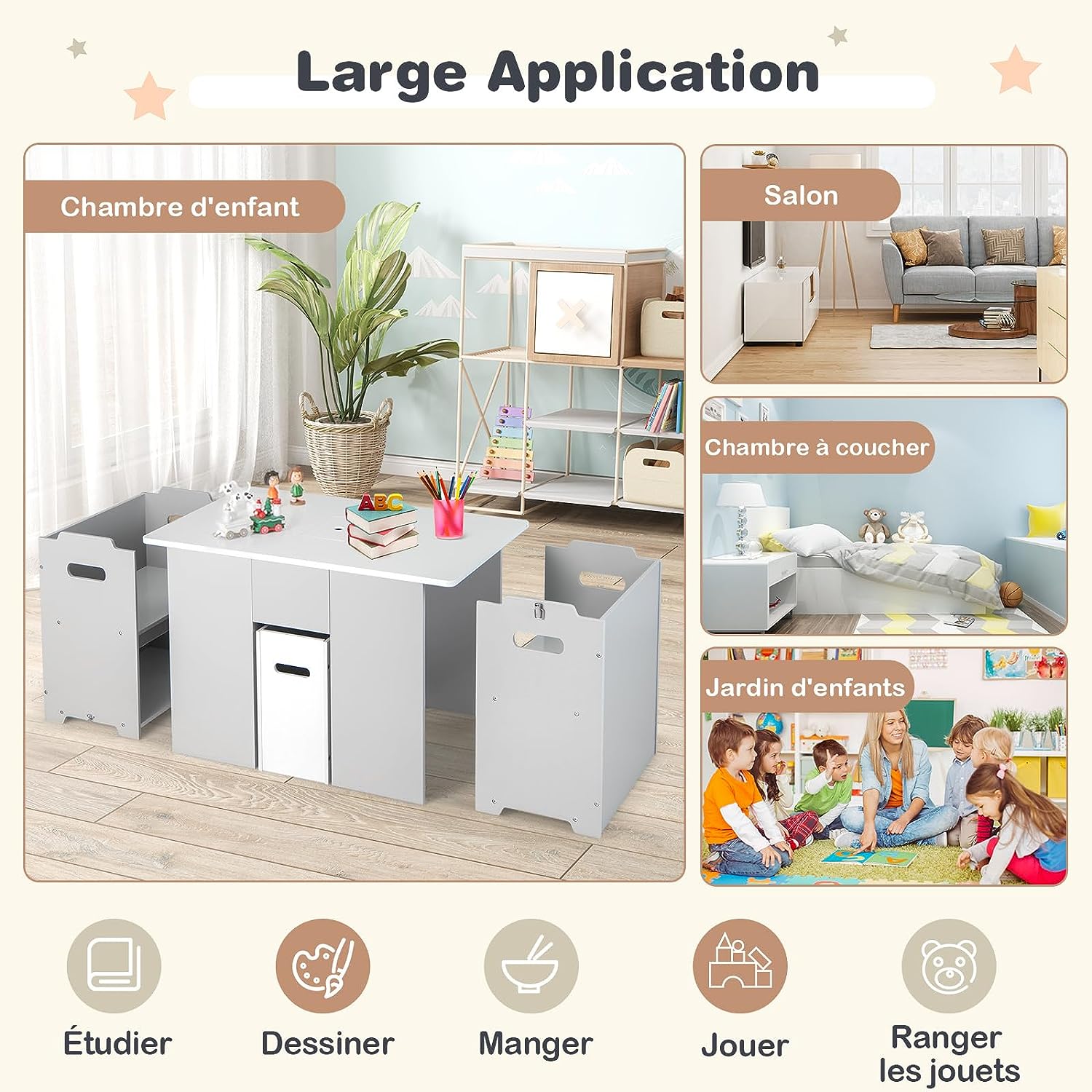 Set di Tavolo e Sedie per Bambini 4 in 1, Tavolo di Attività per Bambini con 2 Sedie Impilabili Coperchio Rimovibile e Contenitore, per Impara - 3