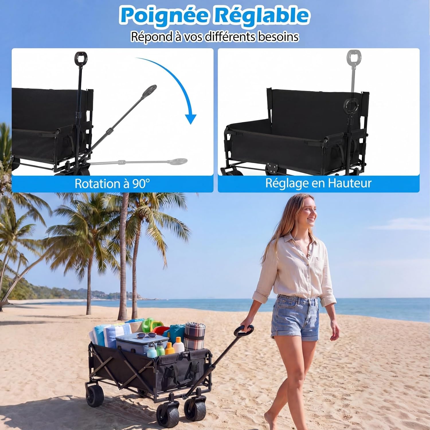GIANTEX Chariot de Plage Pliable Banc 2-en-1, Chariot de Transport 85 L,Poignée Ajustable Poussée/tirée Coussins Doux et Roues Tout-Terrain,Noir - 6