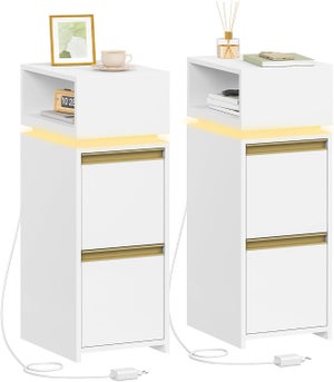 Set Di 2 Comodini Bianchi Con Cassetto In Tessuto E Ripiano Aperto – Per Camera Da Letto, Piccolo E Moderno - 3