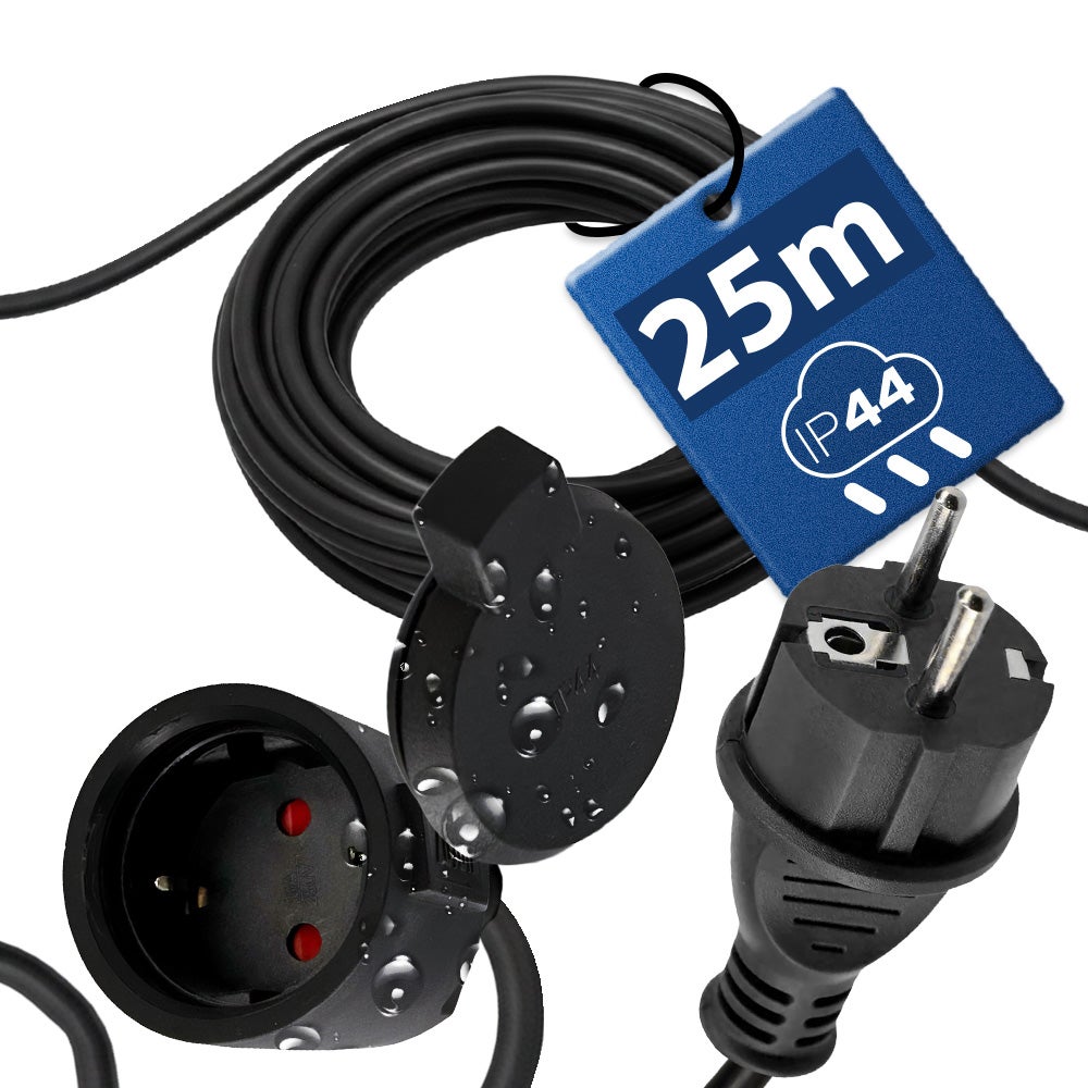 Przedłużacz gumowy 25 m ogrodowy Schuko, czarny, 3×1,5 mm², IP44, HOROZ ELECTRIC