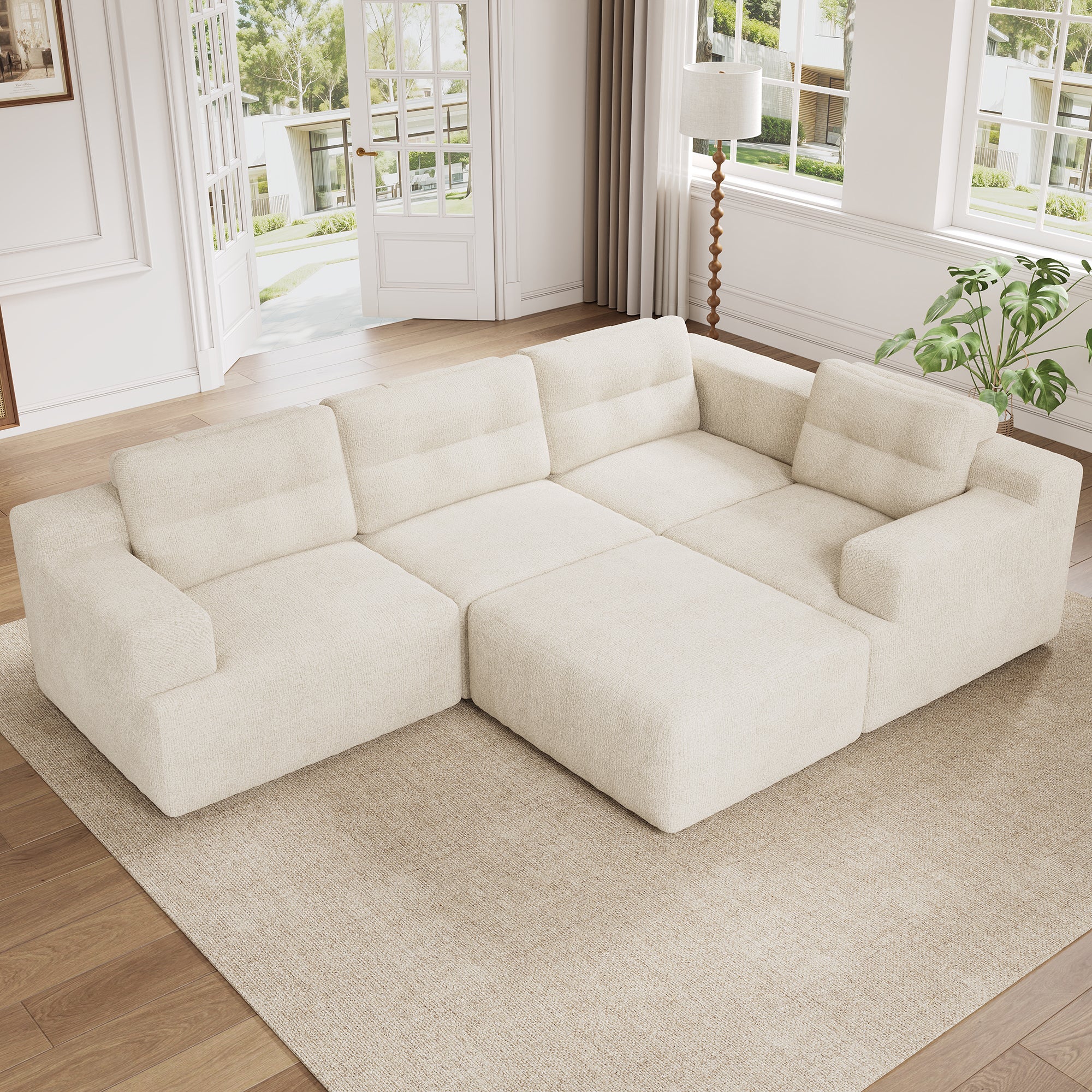 Canapé modulable 5 places U/L 252x180x82 cm, mousse intégrale, sans structure rigide, sans montage, chenille, beige - 4