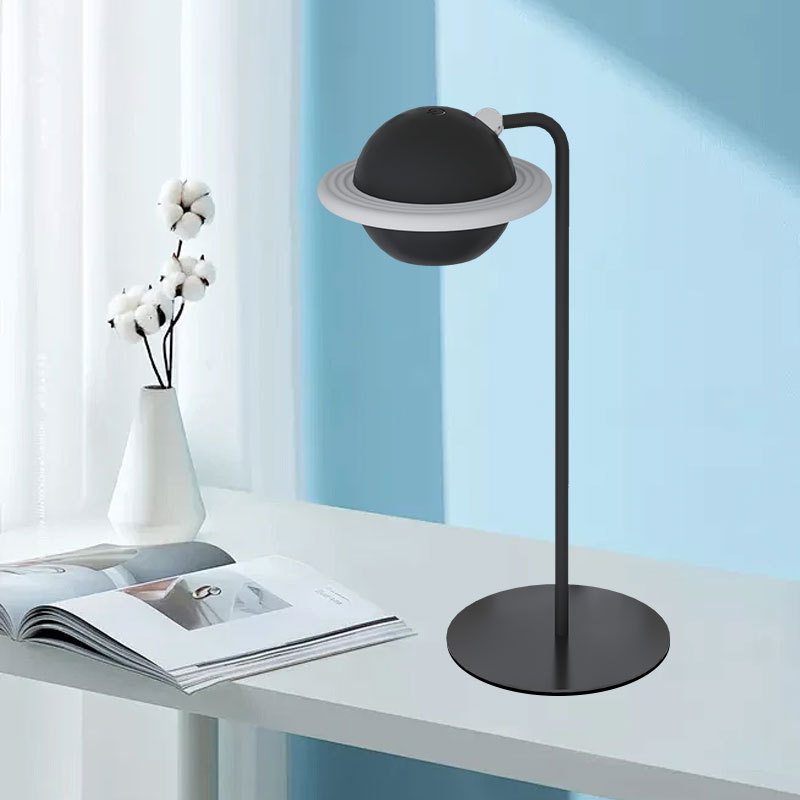 Czarna, kolorowa lampka biurkowa z magnetyczną planetą, bezprzewodowa lampka LED z klipsem