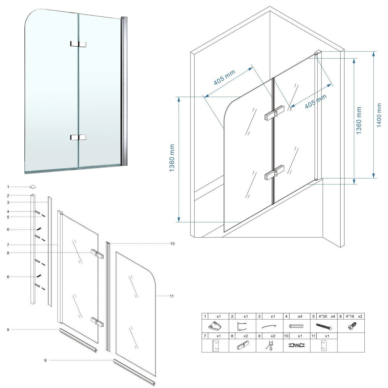 BALY Pare-baignoire 90 x H.140 cm verre pliant et pivotant transparent anticalcaire - 4
