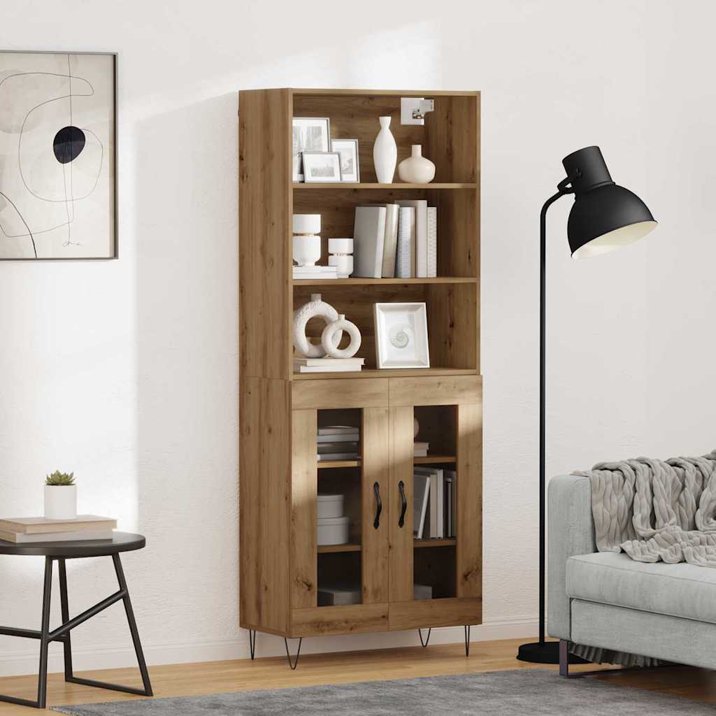 Meuble Mural 2 Pièces Style Chêne Artisanal - 69,5 X 34 X 90 Cm - Avec Portes Vitrées Pour Rangement Et Décoration