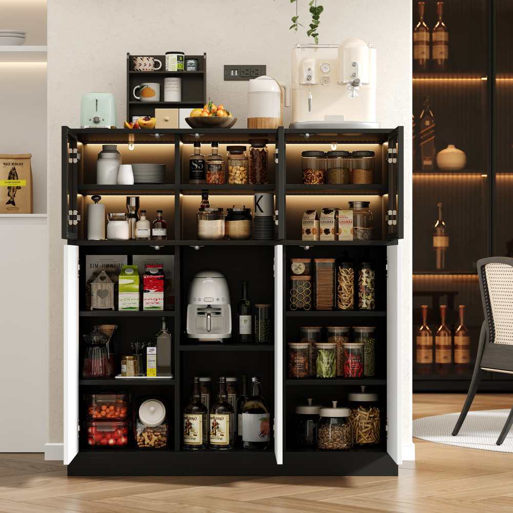 Sideboard, armario de cocina, con iluminación, 3 puertas de cristal, 3 puertas blancas, 100 x 40 x 105 cm, para salón.