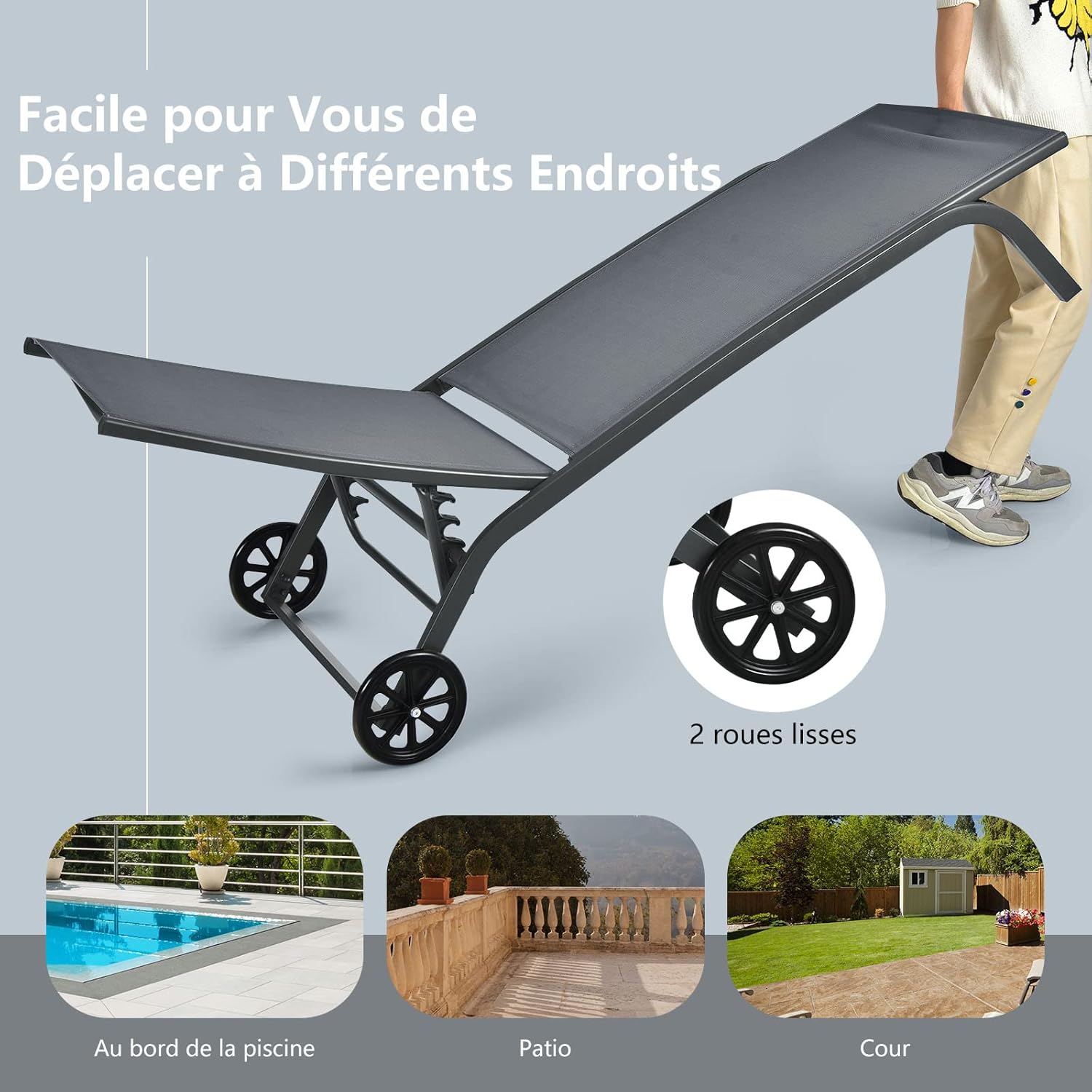 Bain de Soleil Inclinable à Dossier 6 Niveaux, Transat Jardin Exterieur avec Roues, Auvent Réglable, Charge 150 KG (Gris,Style 2) - 6