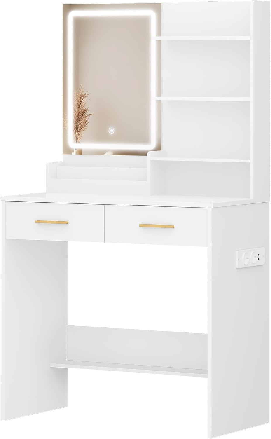 Coiffeuse avec Lumière LED, 2 Prises et 2 USB, avec 2 Tiroirs et 4 Étagères Ouvertes, Compartiment de Rangement, pour Chambre,Style Moderne, Blanc - 8
