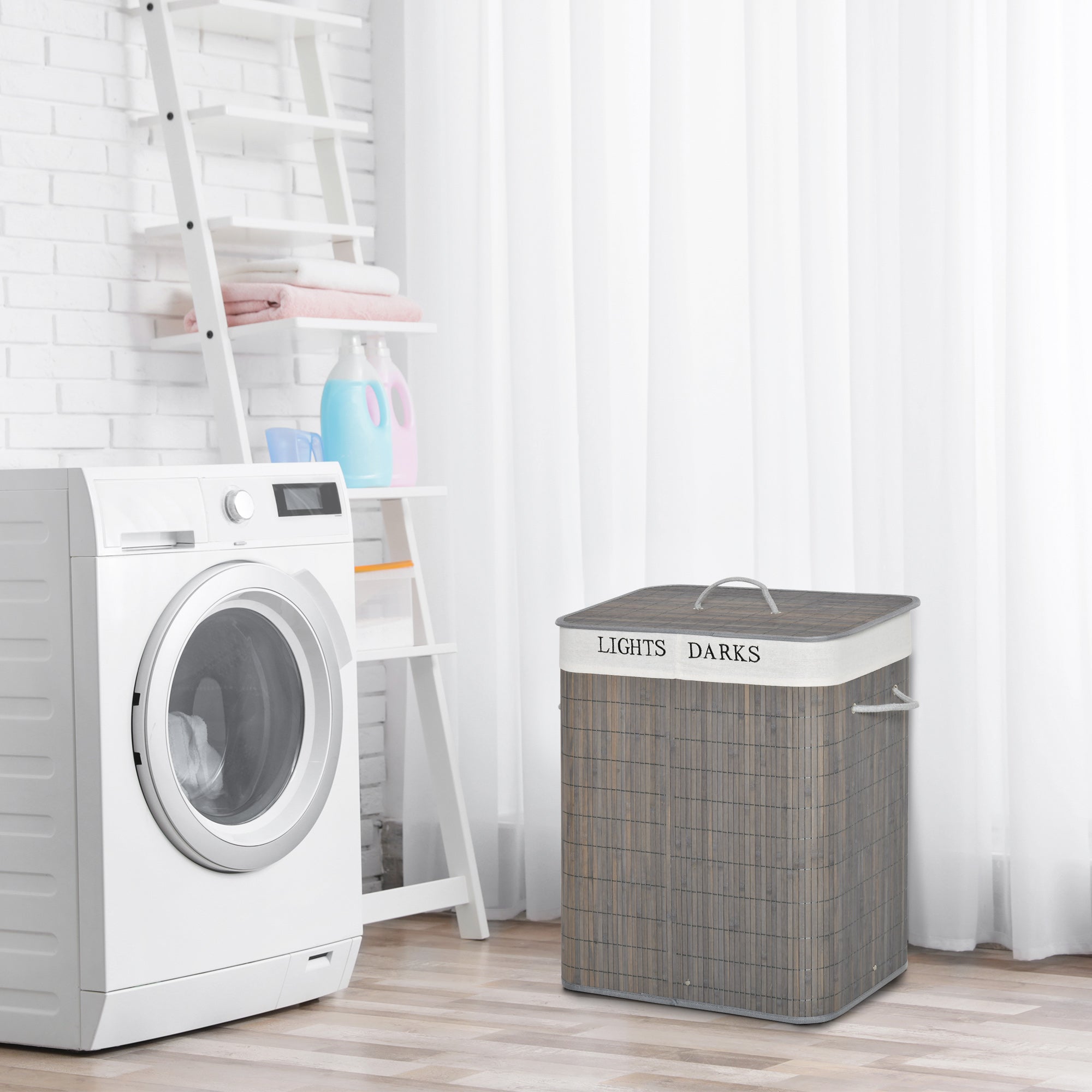 Panier linge bambou capacité 100 L, couvercle amovible, sac 2 compartiments, 52x32x63 cm, gris - 4
