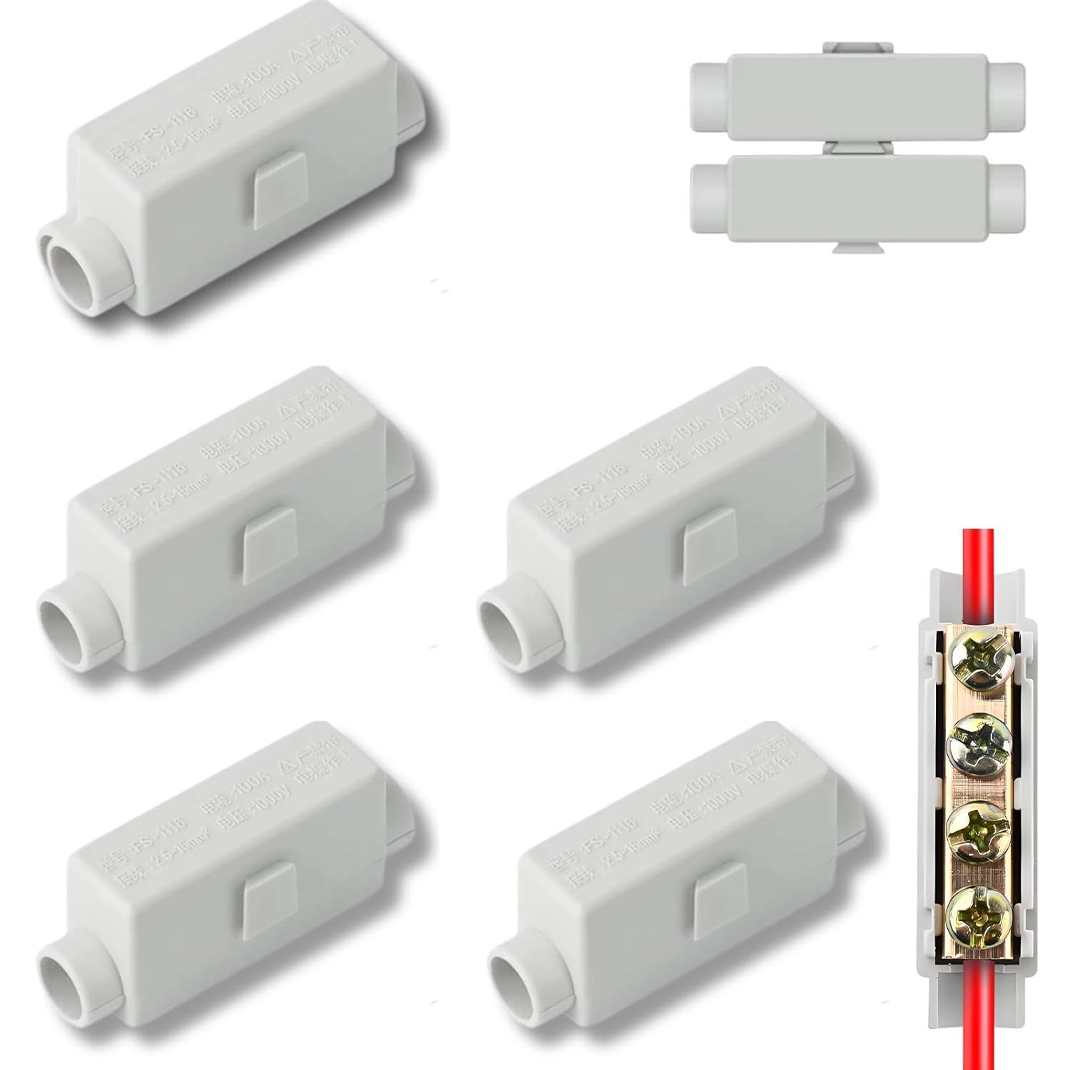 Zestaw 5 złączy przelotowych 2-pinowych 100A 1000V - Podwójna śruba - Blok zaciskowy do kabli 2,5 do 16 mm² - Obudowa ABS