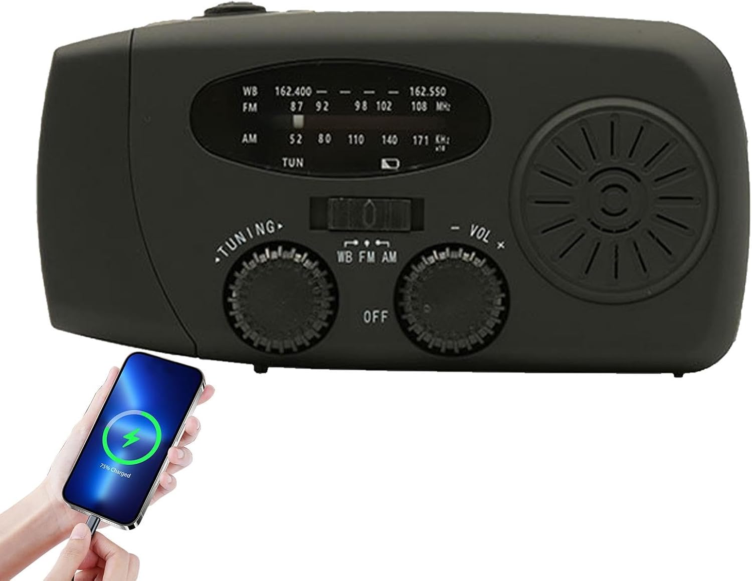 Radio pogodowe z korbką, radio pogodowe | Radio ładowalne – radio AM/FM na energię słoneczną, radio pogodowe, oświetlenie LED, kempingowe, czarne