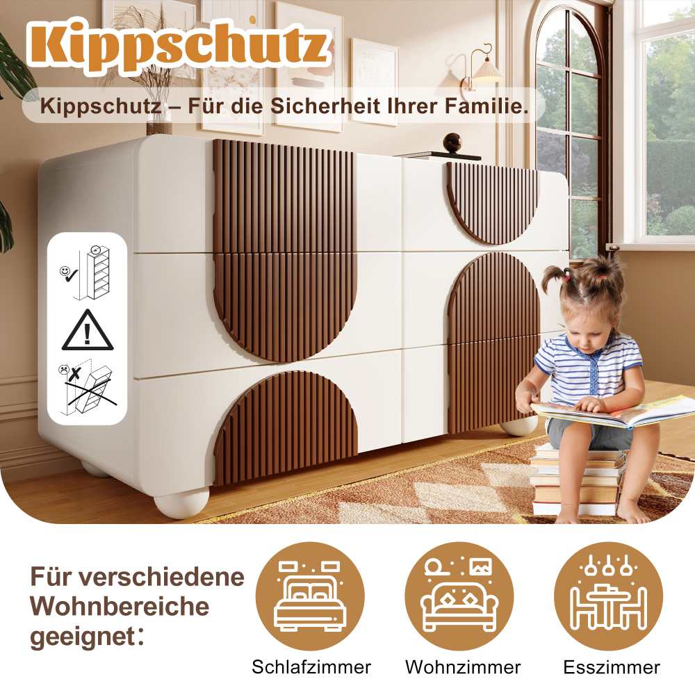 Commode 6 tiroirs design courbé, élégant buffet blanc avec liserés chocolat et sécurité anti-basculement - 3