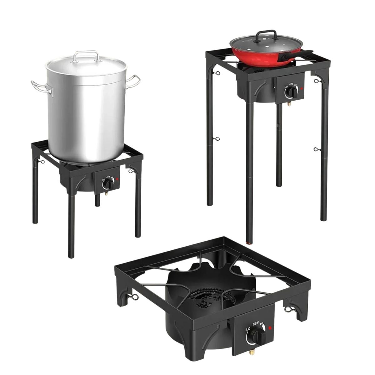Réchaud à Gaz 1 feu 4500W 4 pieds modulables 3 Hauteurs Bruleur en fonte - Cuisine Extérieure 40 x 40 x H78cm Allumage Piezo - 3