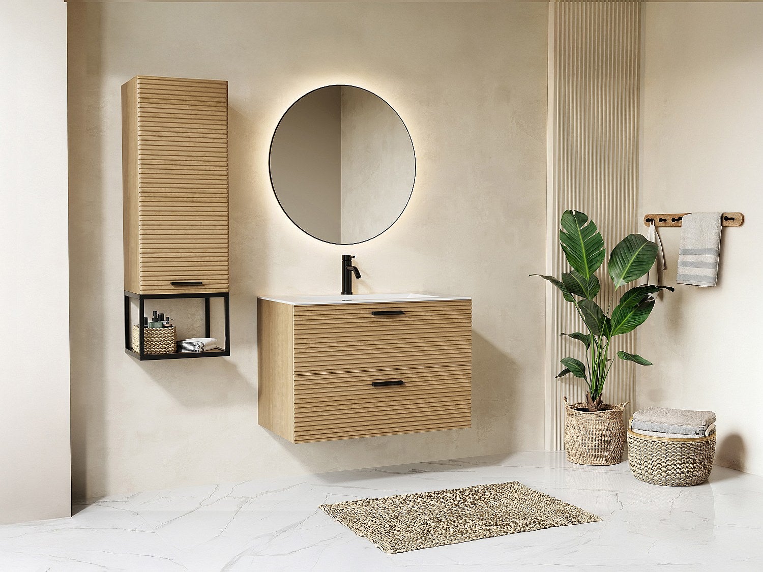 Szafka łazienkowa wisząca kolumnowa łazienkowa z prążkowanym wykończeniem i wnęką - Jasny naturalny - H104 cm - SARONE