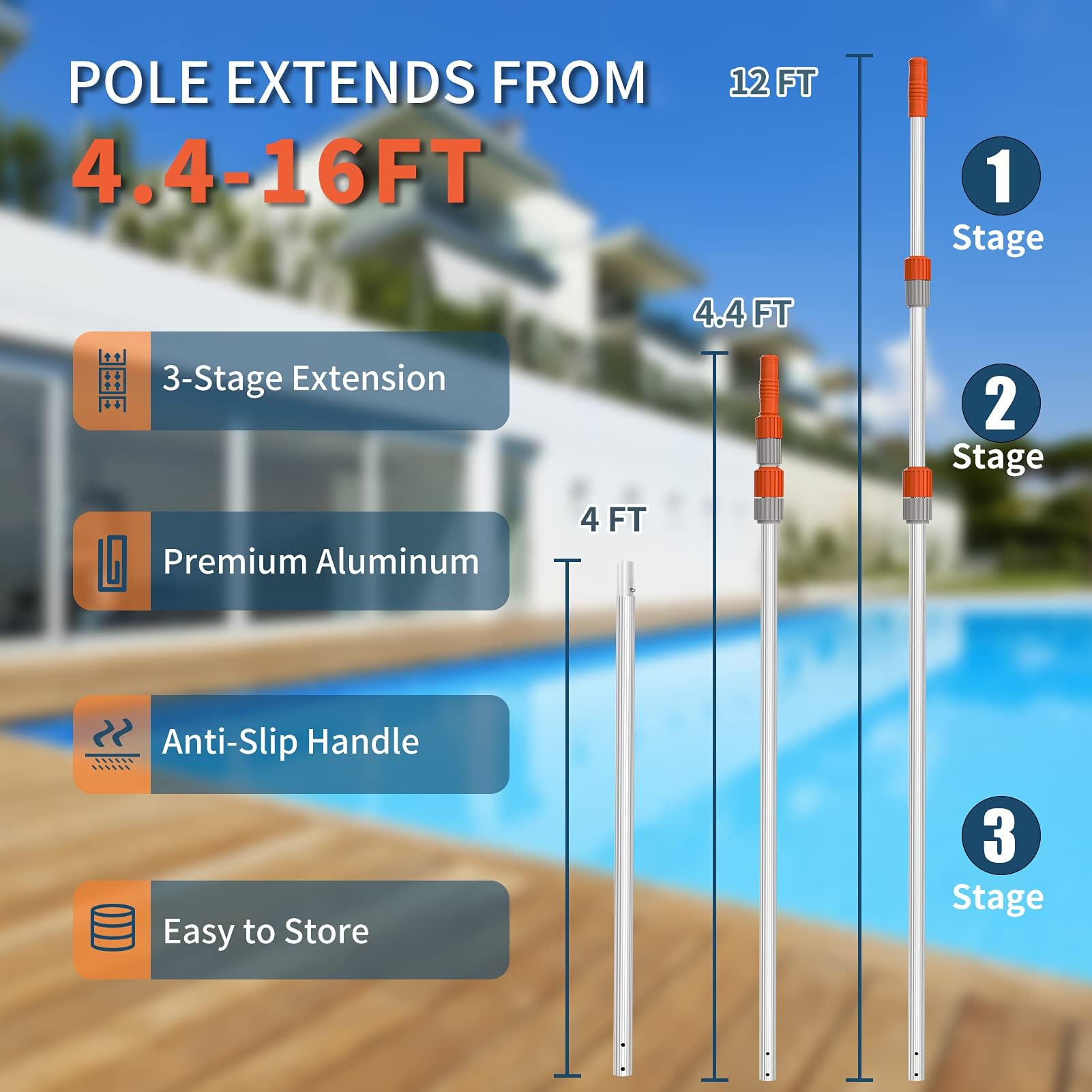 Perche Télescopique Piscine 3 Sections Aluminium - Extension Réglable Pour Écumoire, Brosse & Aspirateur