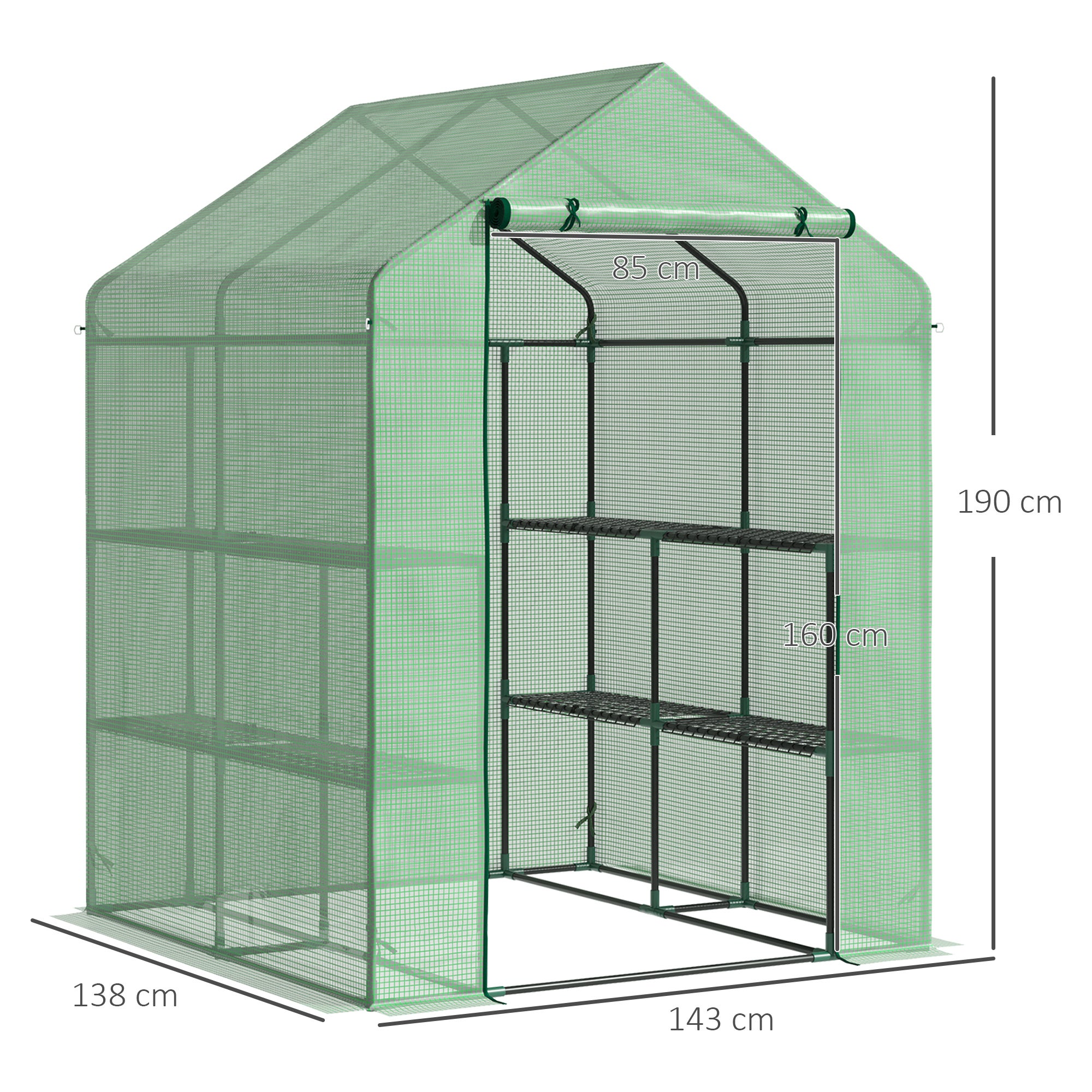 Serre de jardin à 3 étagères, petite serre de balcon en bâche PE renforcée 140 g/m², 143 x 138 x 190 cm, verte - 5