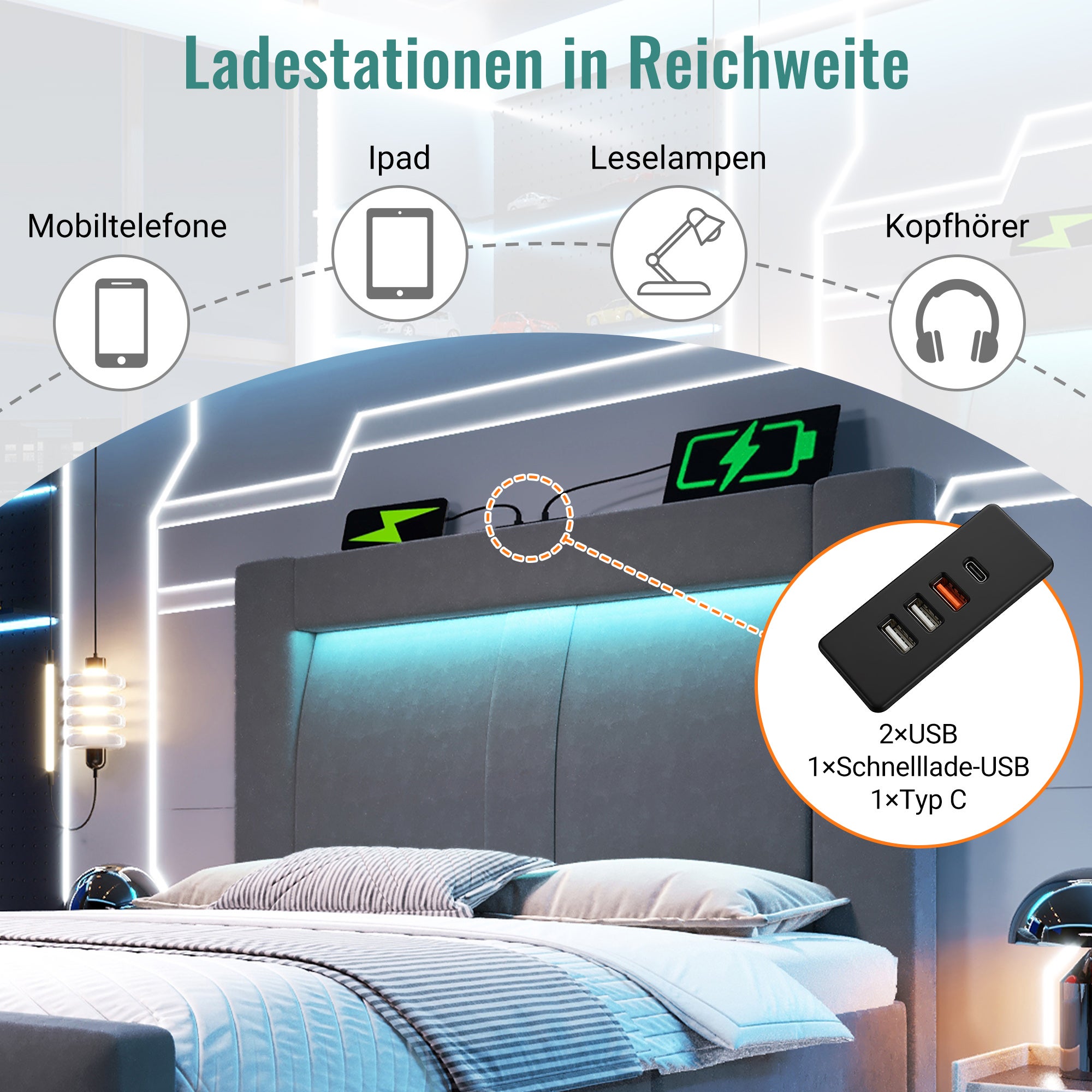 Łóżko z pojemnikiem 90 x 200 cm i zagłówkiem - Aksamit - Porty USB i Type-C + diody LED - dla dzieci - Szare (Z materacem) - 6