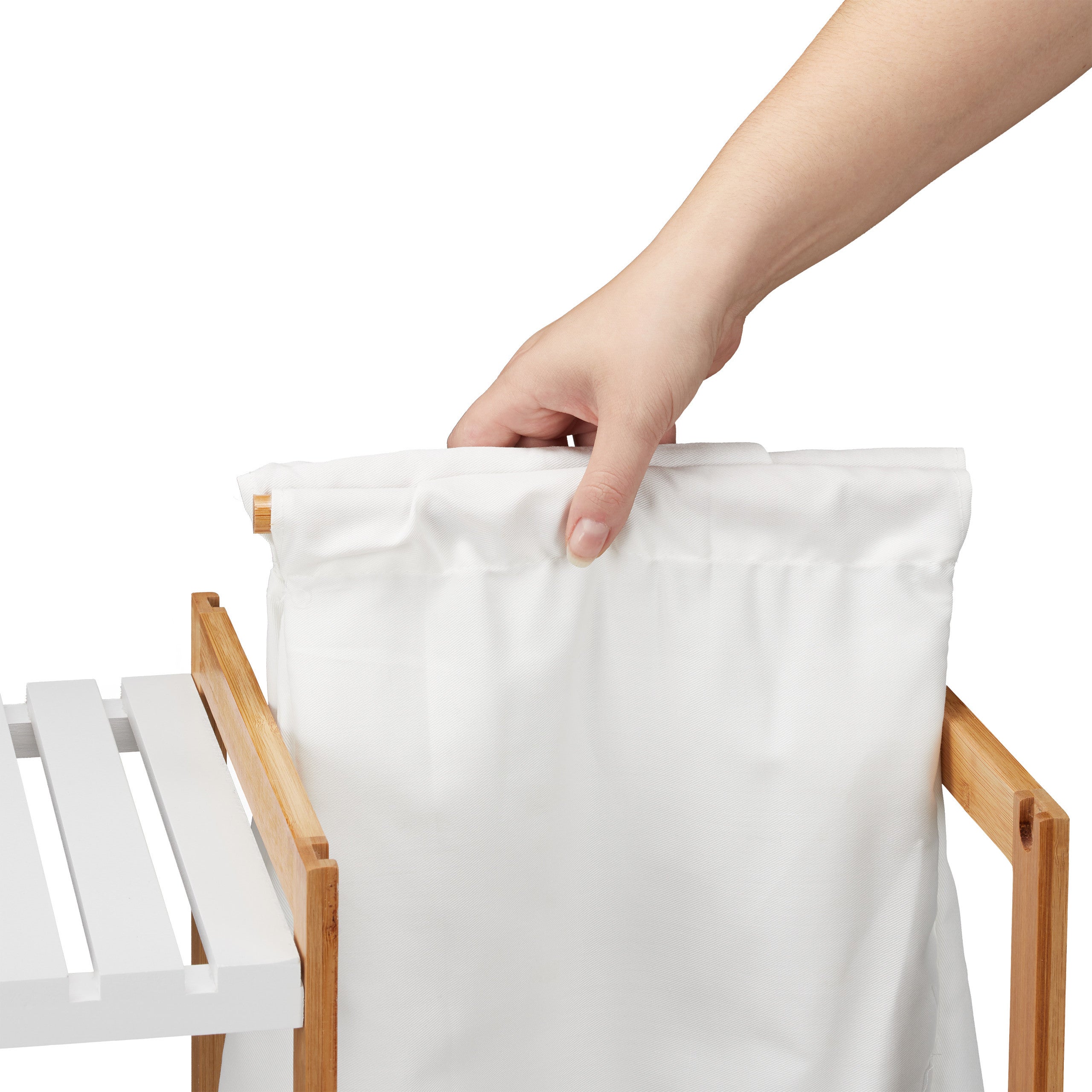 étagère de salle de bain avec panier à linge, autonome, Bambou et MDF, 76x65,5x33 cm, naturel/blanc, Relaxdays - 6