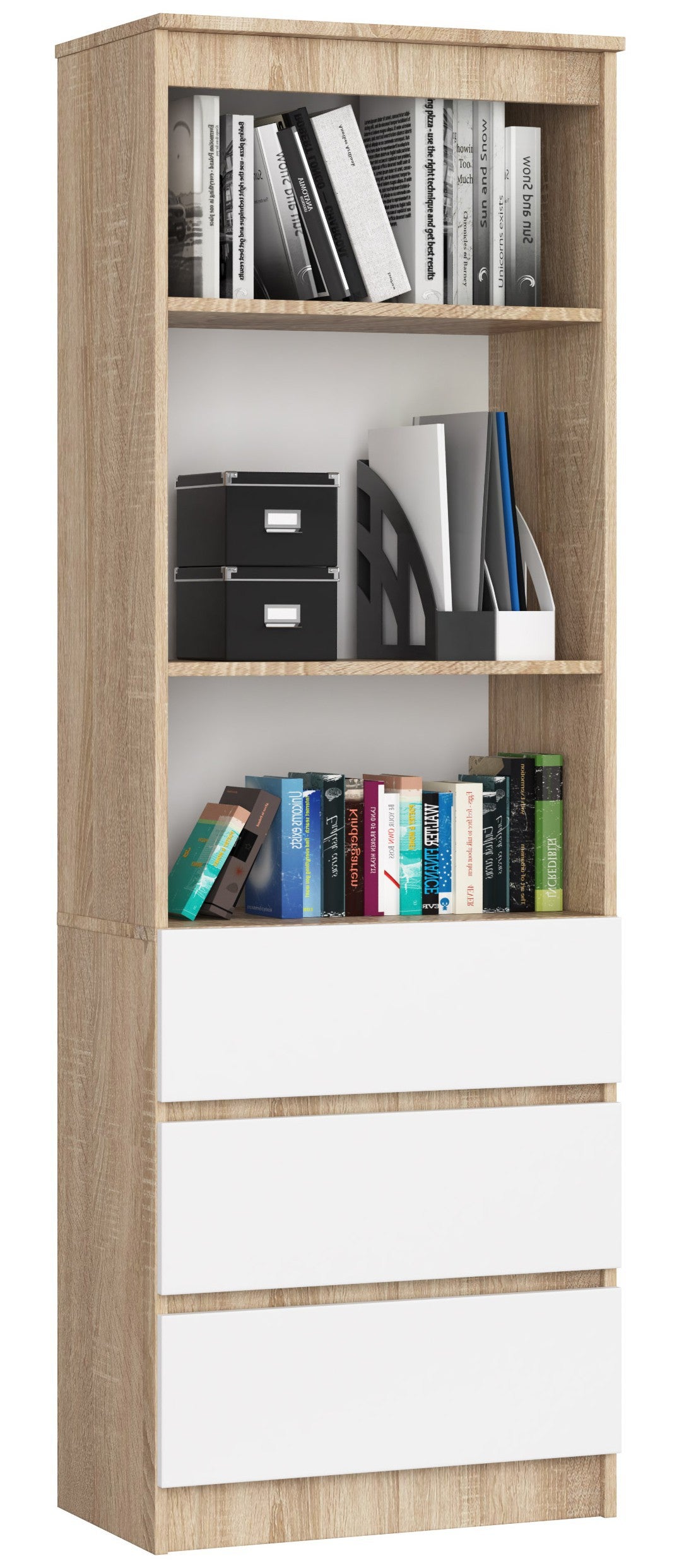 Regał AKORD R60 Dąb Sonoma 60 cm 3 szuflady kolor Biały mat 3 półki 60x35x180 cm