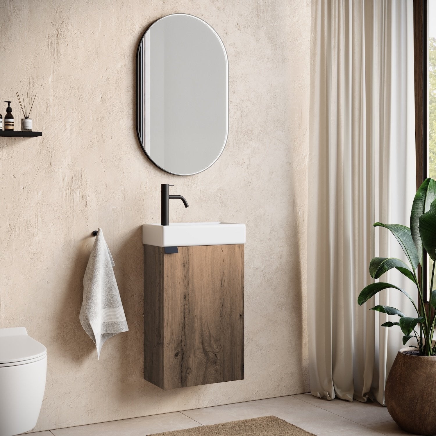 Badplaats Set Meuble Lave Mains Apollo 40 X 22 Cm - Chêne Clair - Avec Miroir