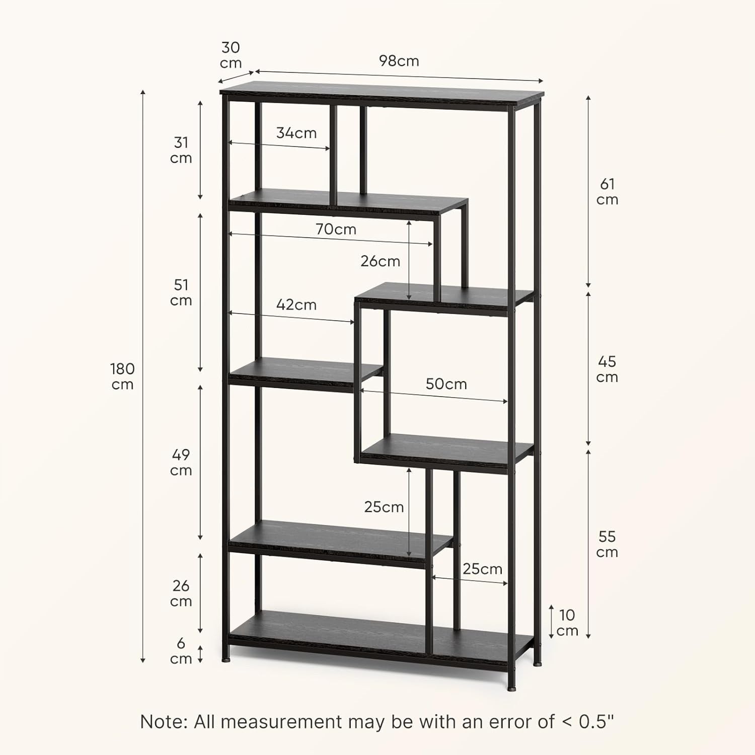 Bibliothèque Étagère de Rangement 7 Niveaux Cadre en Métal Pied Réglable 100 x 30 x 180 cm Noir Bealife - 3