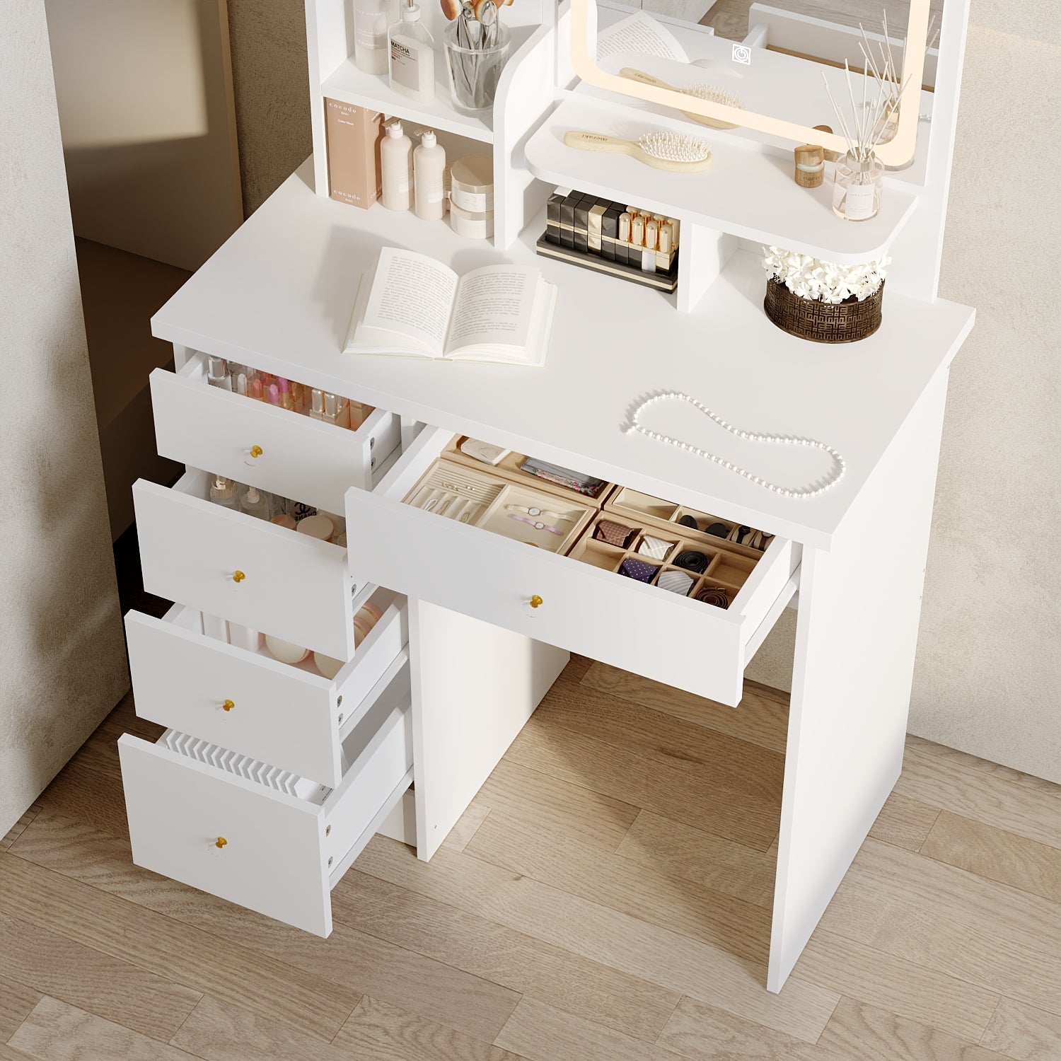 Coiffeuse avec miroir en MDF Blanc H. 143.0 x l. 80.0 x P. 40.0 cm - 6