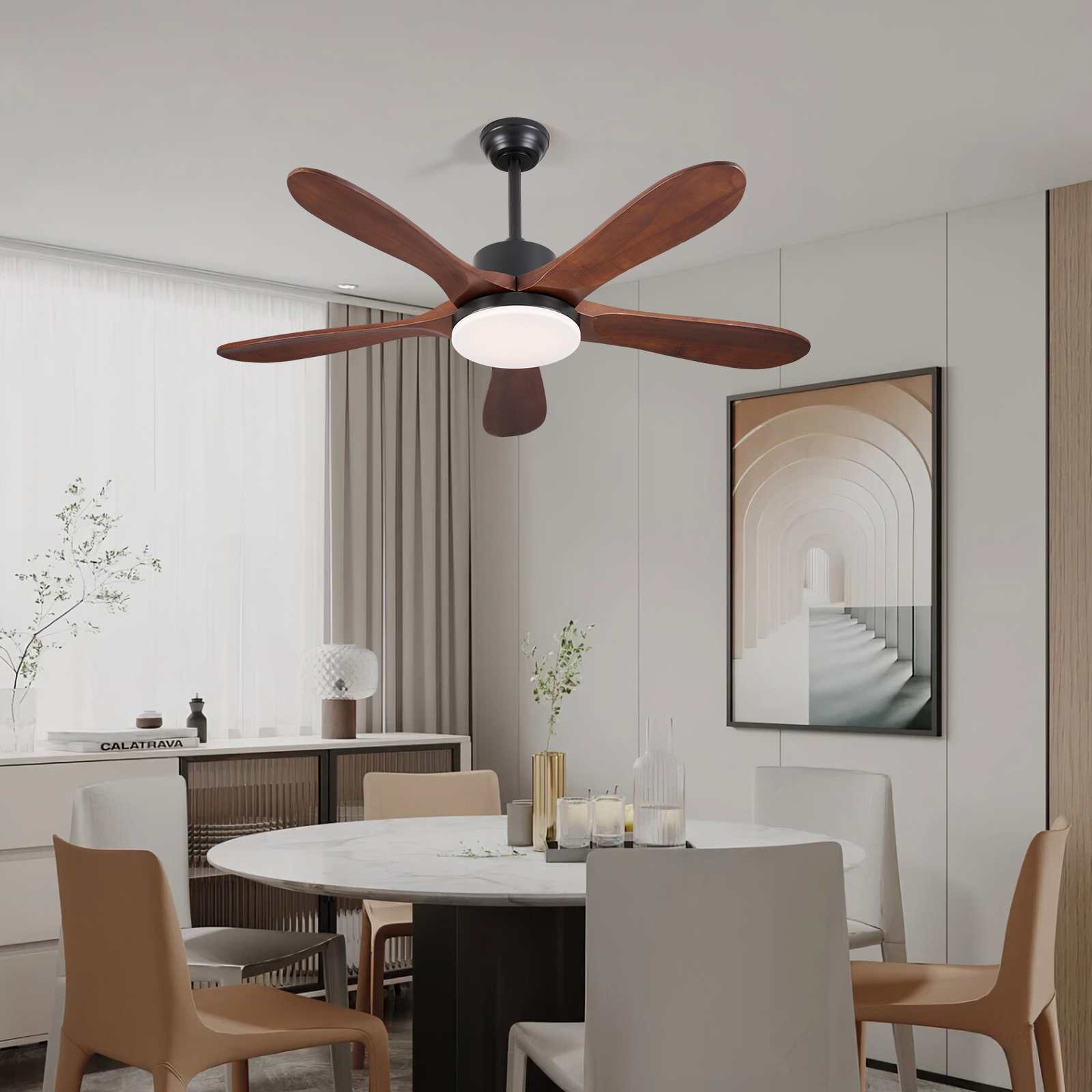 Ventilateur de plafond LED bois rétro 132 cm silencieux intelligent 6 vitesses réversible télécommande - 4