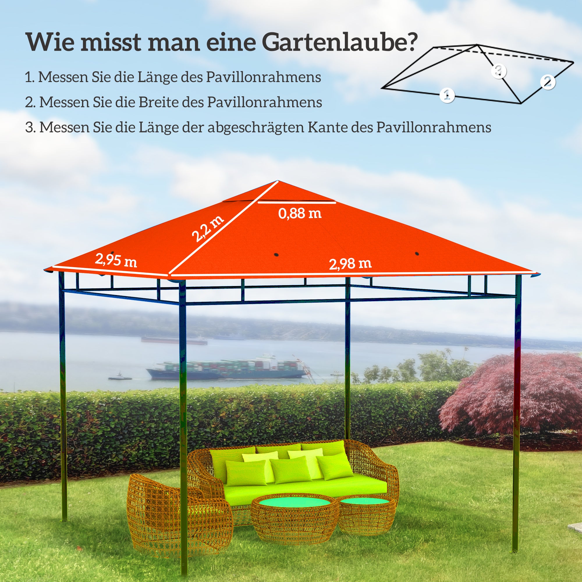 Toiture de remplacement pour pavillon de jardin, polyester, 2,98 x 2,95 m, orange - 4