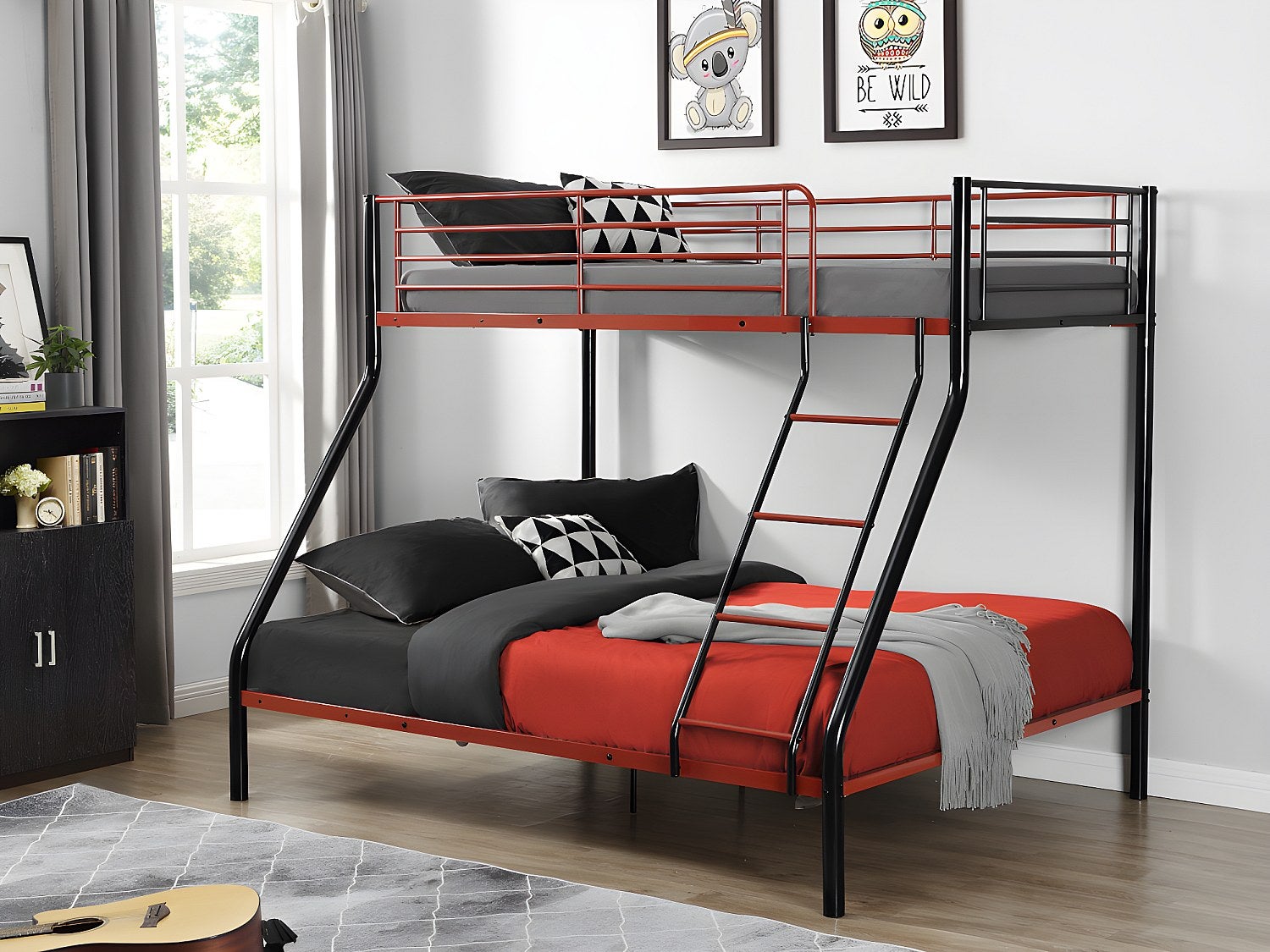 Łóżko piętrowe ELEVATIO IV - 90 i 140 × 190 cm - Stal - Czarny i czerwony